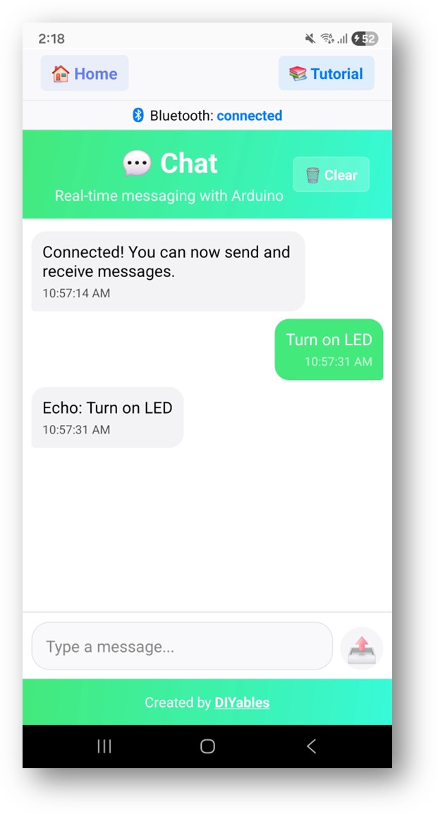 DIYables Bluetooth App - Tela do Chat