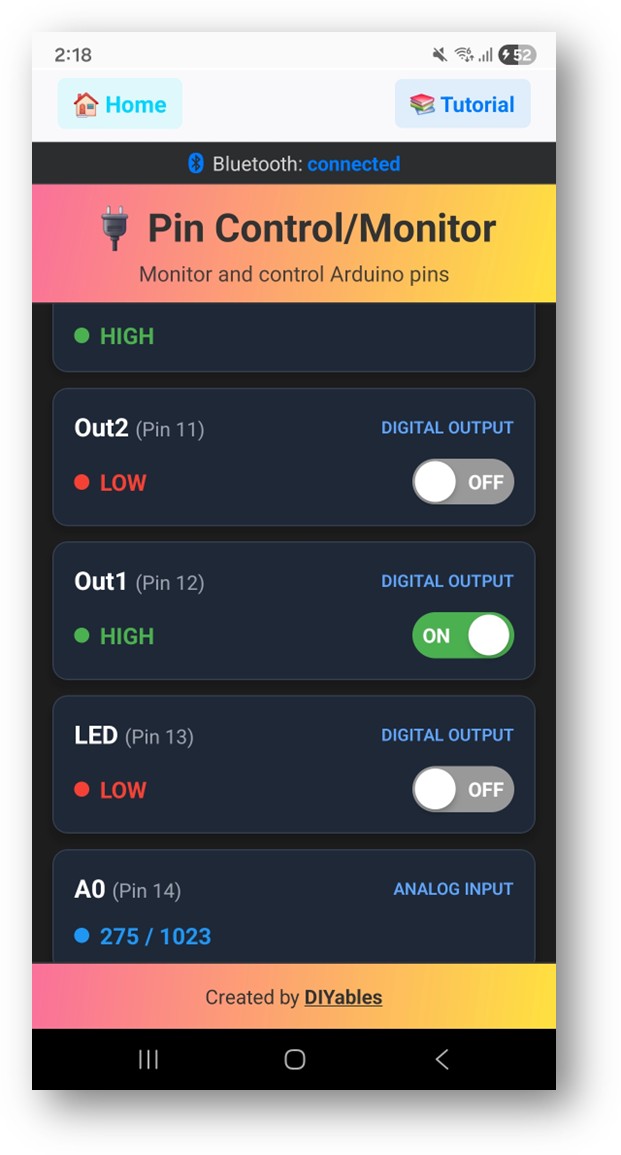 DIYables Bluetooth App - Tela do Digital Pins