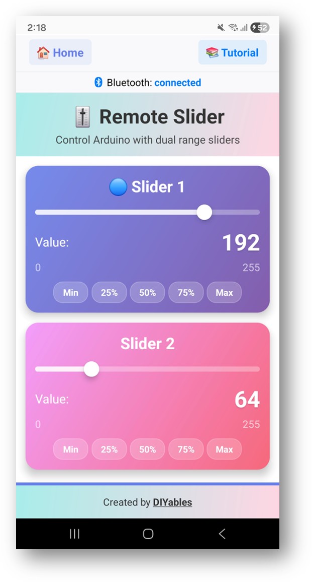 App DIYables Bluetooth - Tela do Slider