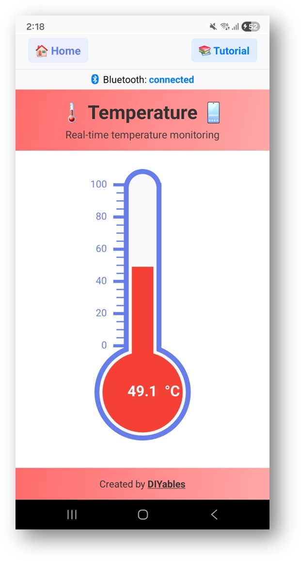 App DIYables Bluetooth - Tela do Medidor de Temperatura