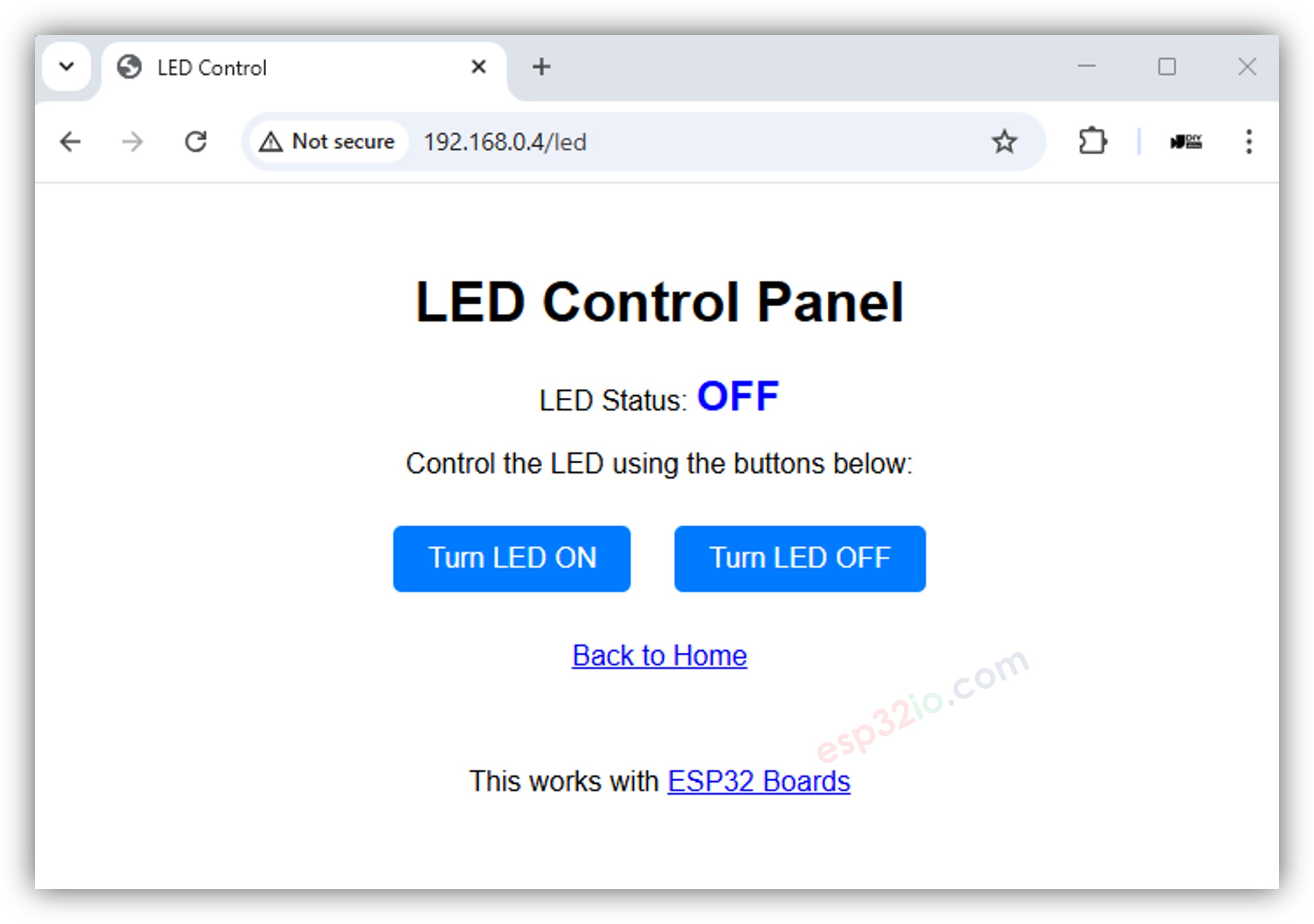 Demonstração da Página de Controle de LED