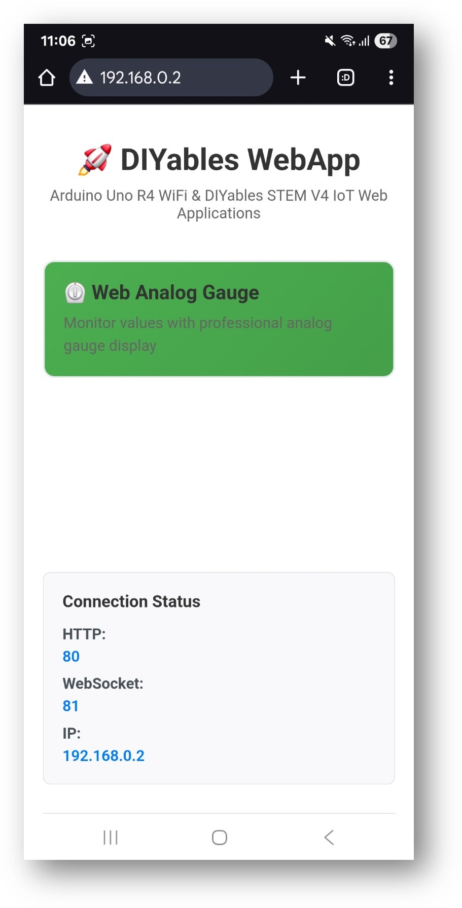 Home page do DIYables WebApp no ESP32 com o app Web Analog Gauge
