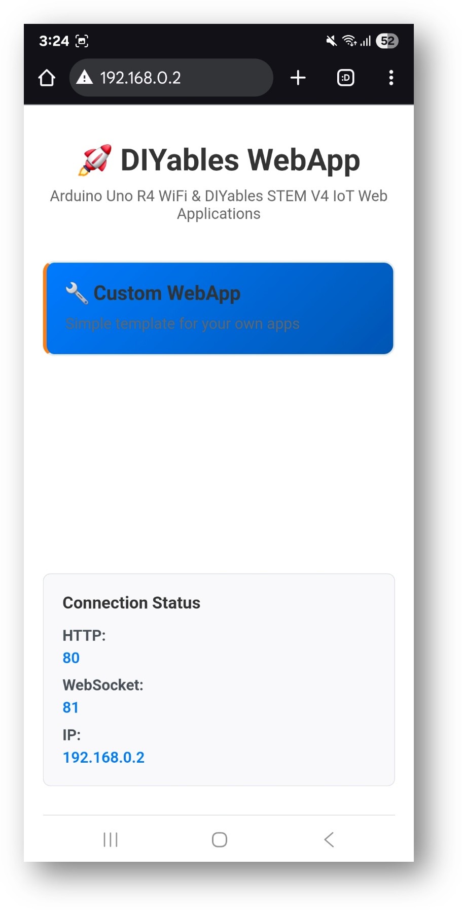 Página inicial do DIYables WebApp para ESP32 com o app Web Custom