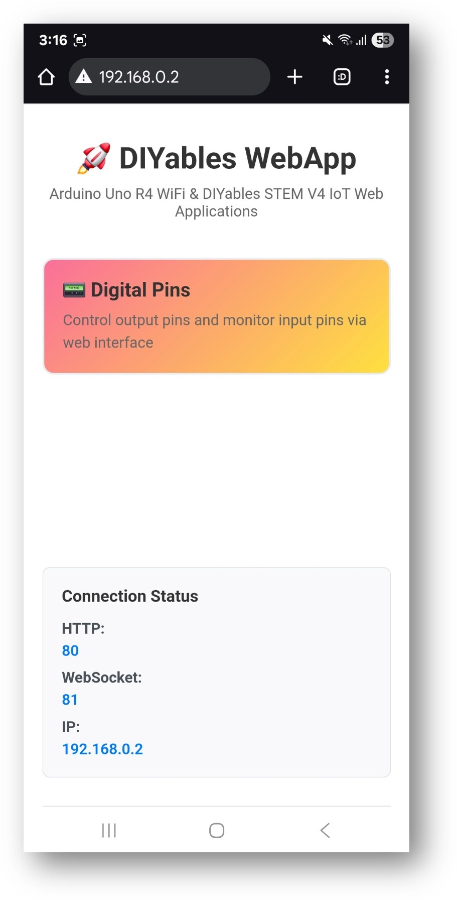 Home page do DIYables WebApp no ESP32 com o app Web Digital Pins