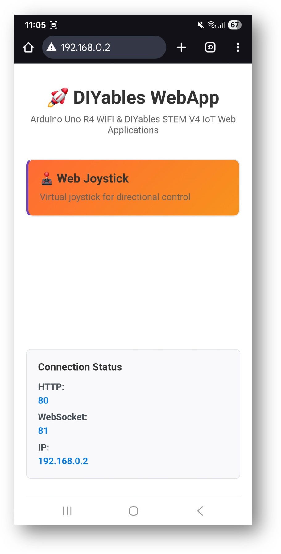 Home page do DIYables WebApp no ESP32 com o app Web Joystick