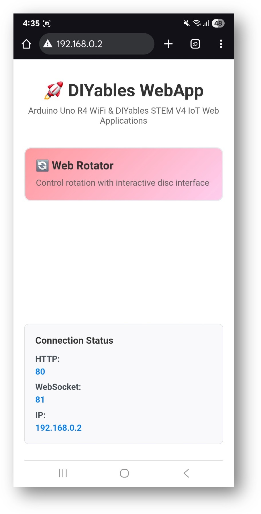 Home page do DIYables WebApp no ESP32 com o app Web Rotator