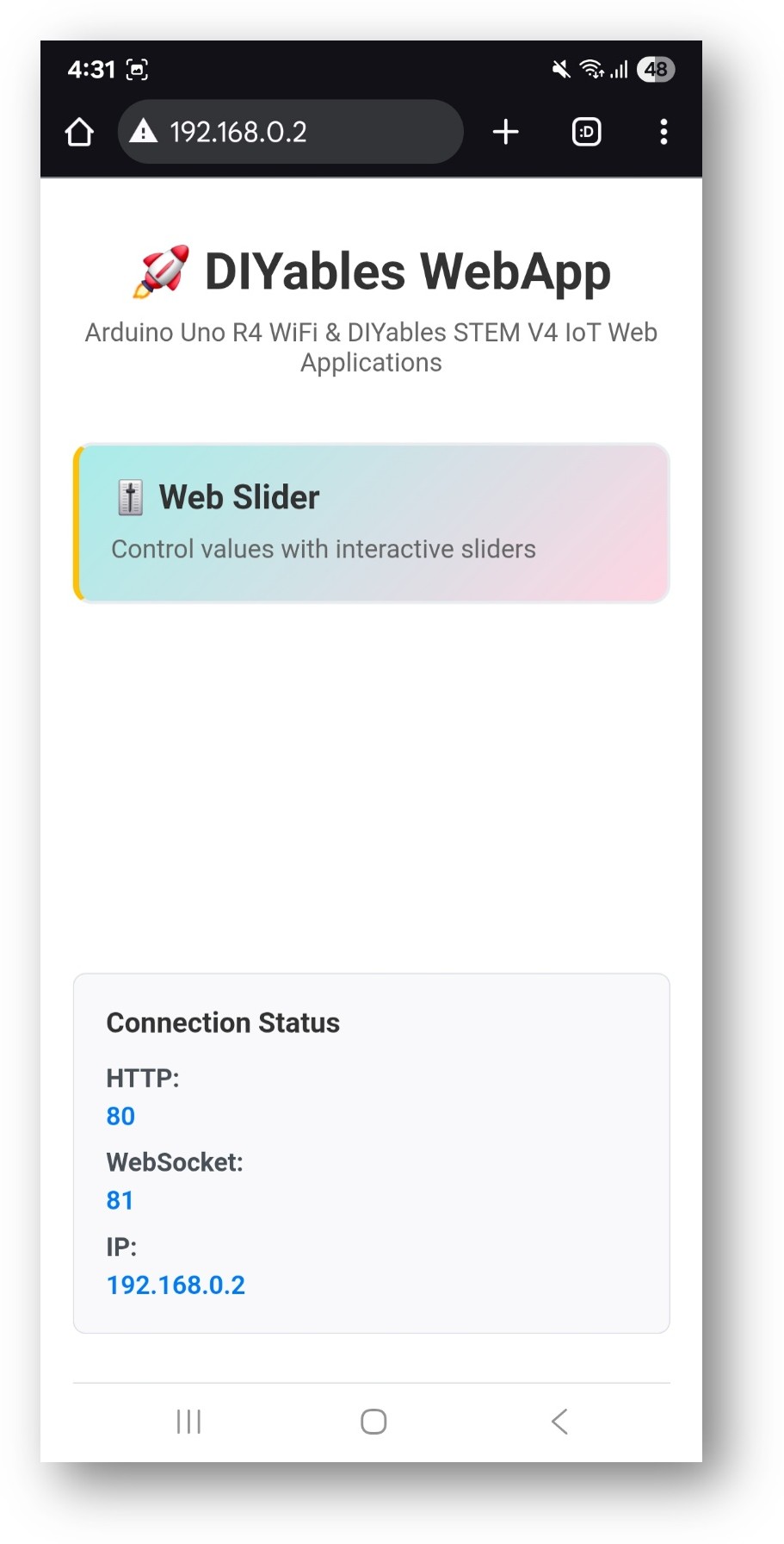 Página inicial do DIYables WebApp para ESP32 com o app Web Slider