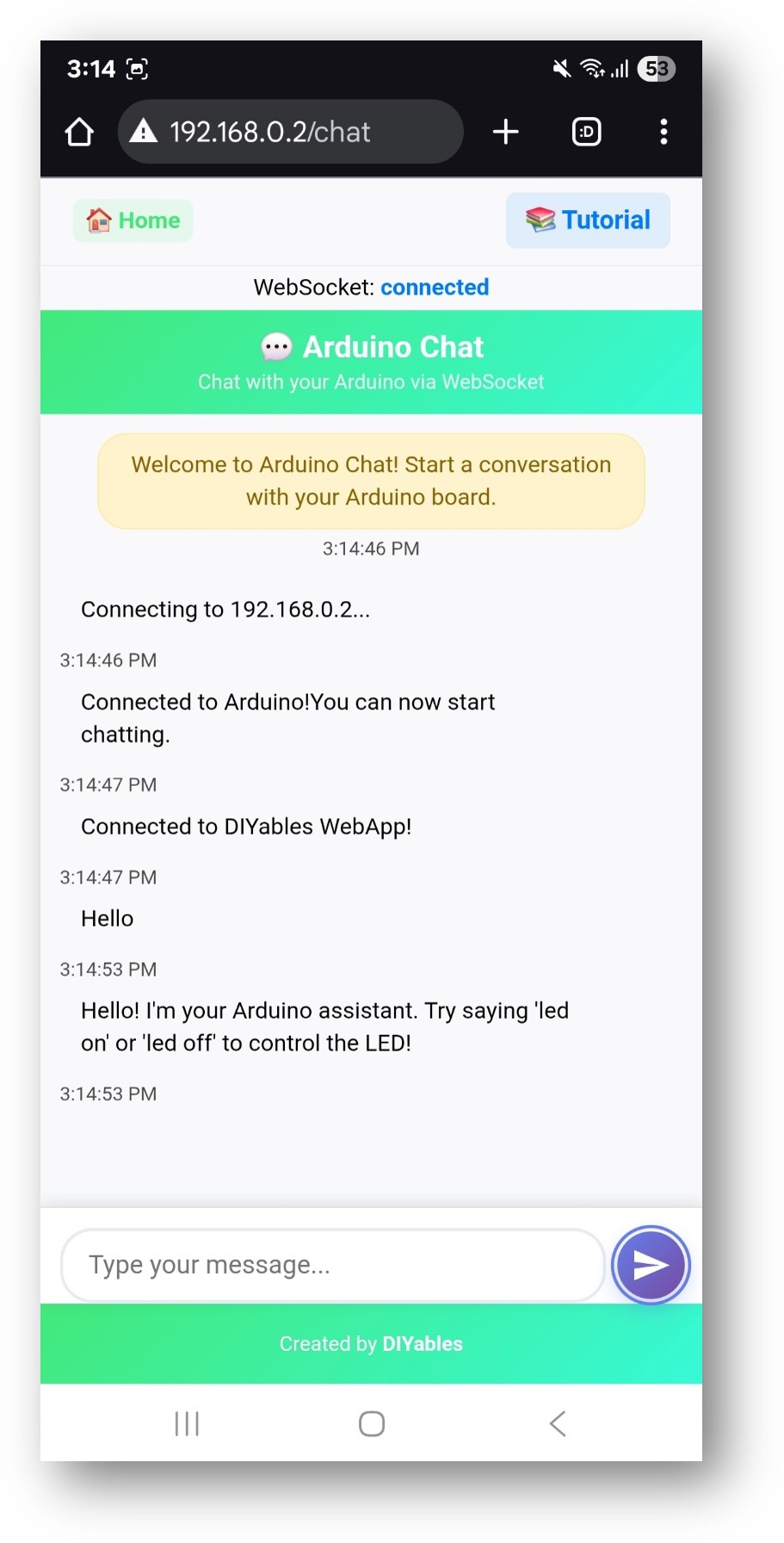 App Web Chat do DIYables WebApp no ESP32
