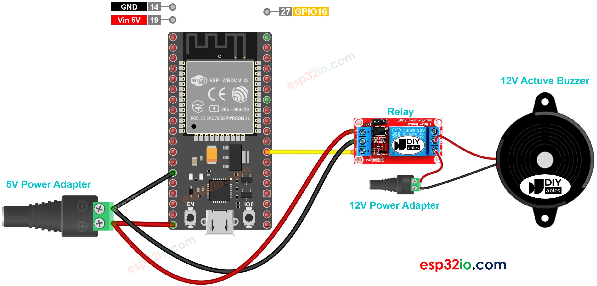 Diagrama de Ligação do Buzzer Ativo de 12V com ESP32