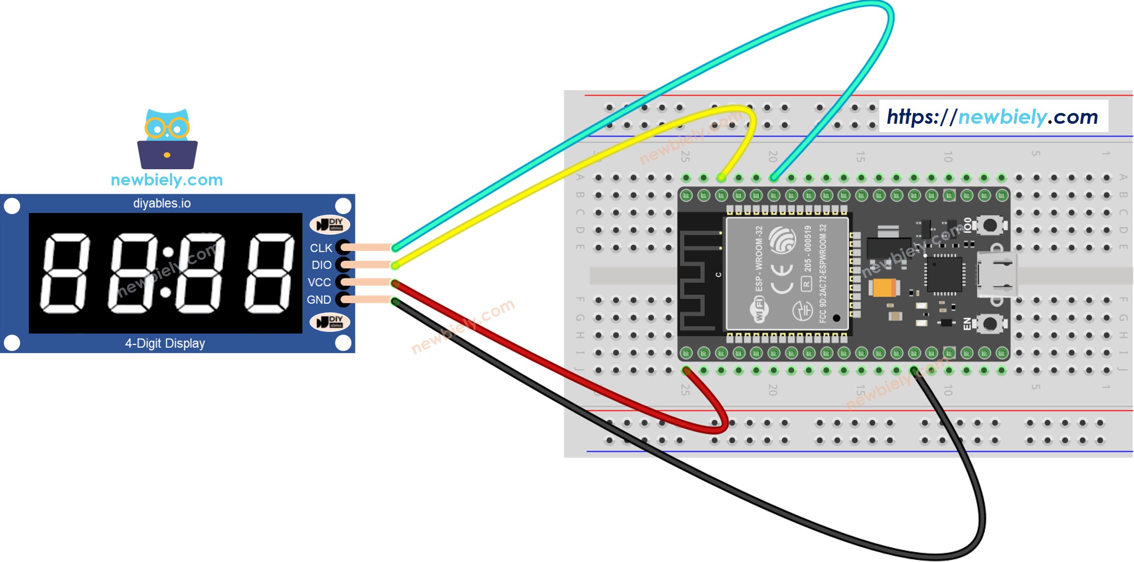 Diagrama de ligação do ESP32 com o display de 7 segmentos de 4 dígitos TM1637