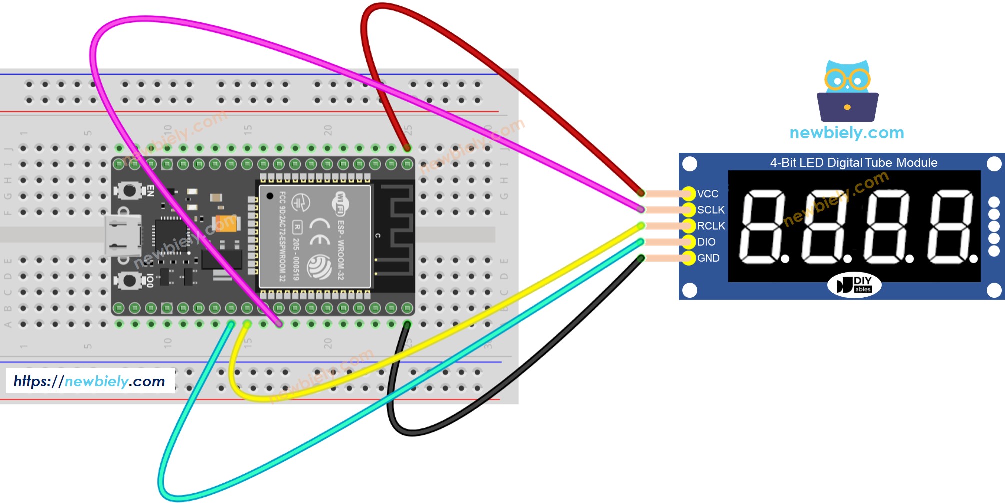 Diagrama de ligação do ESP32 com o display de 7 segmentos de 4 dígitos 74HC595
