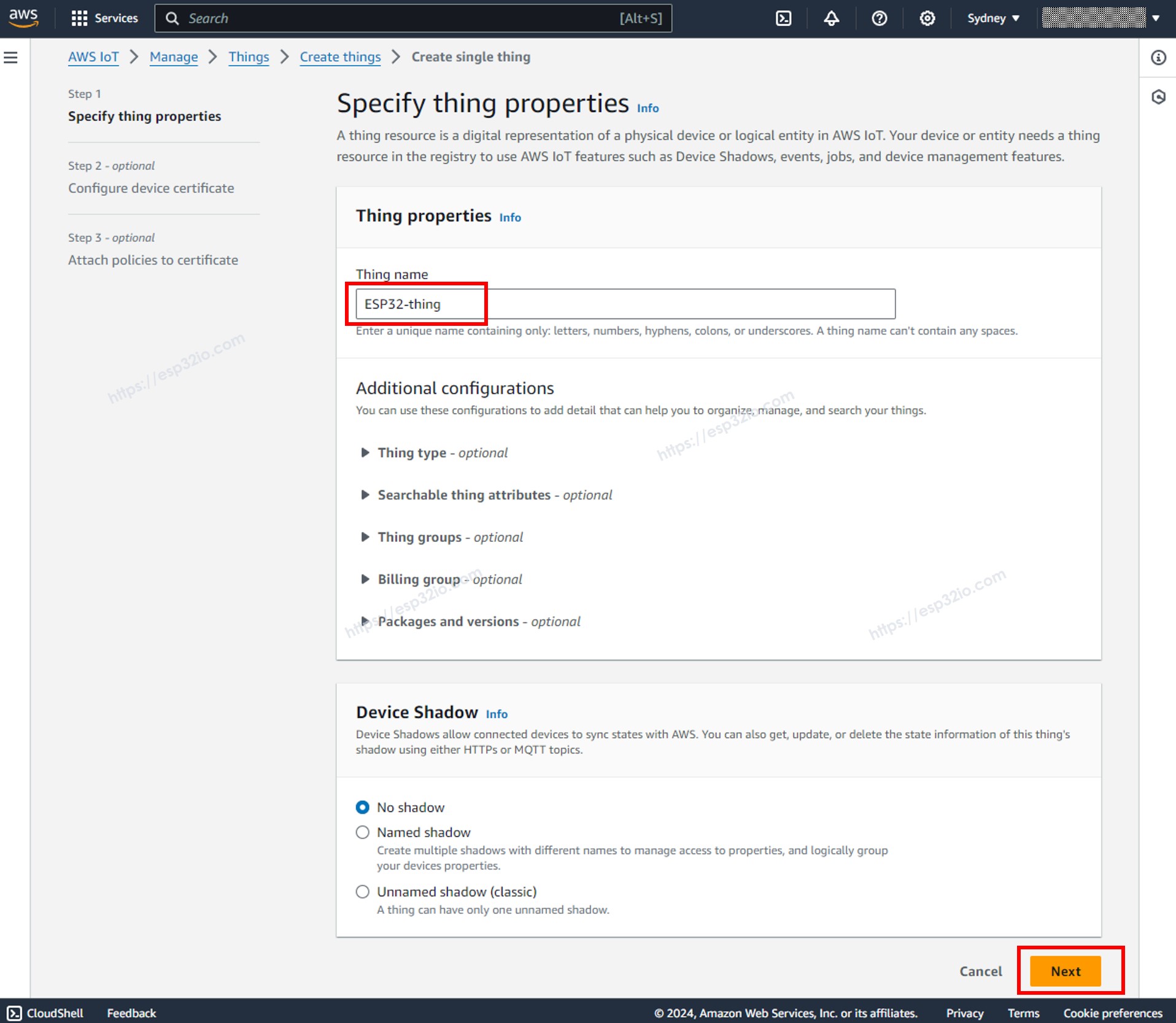 Nome da Thing no AWS IoT Core