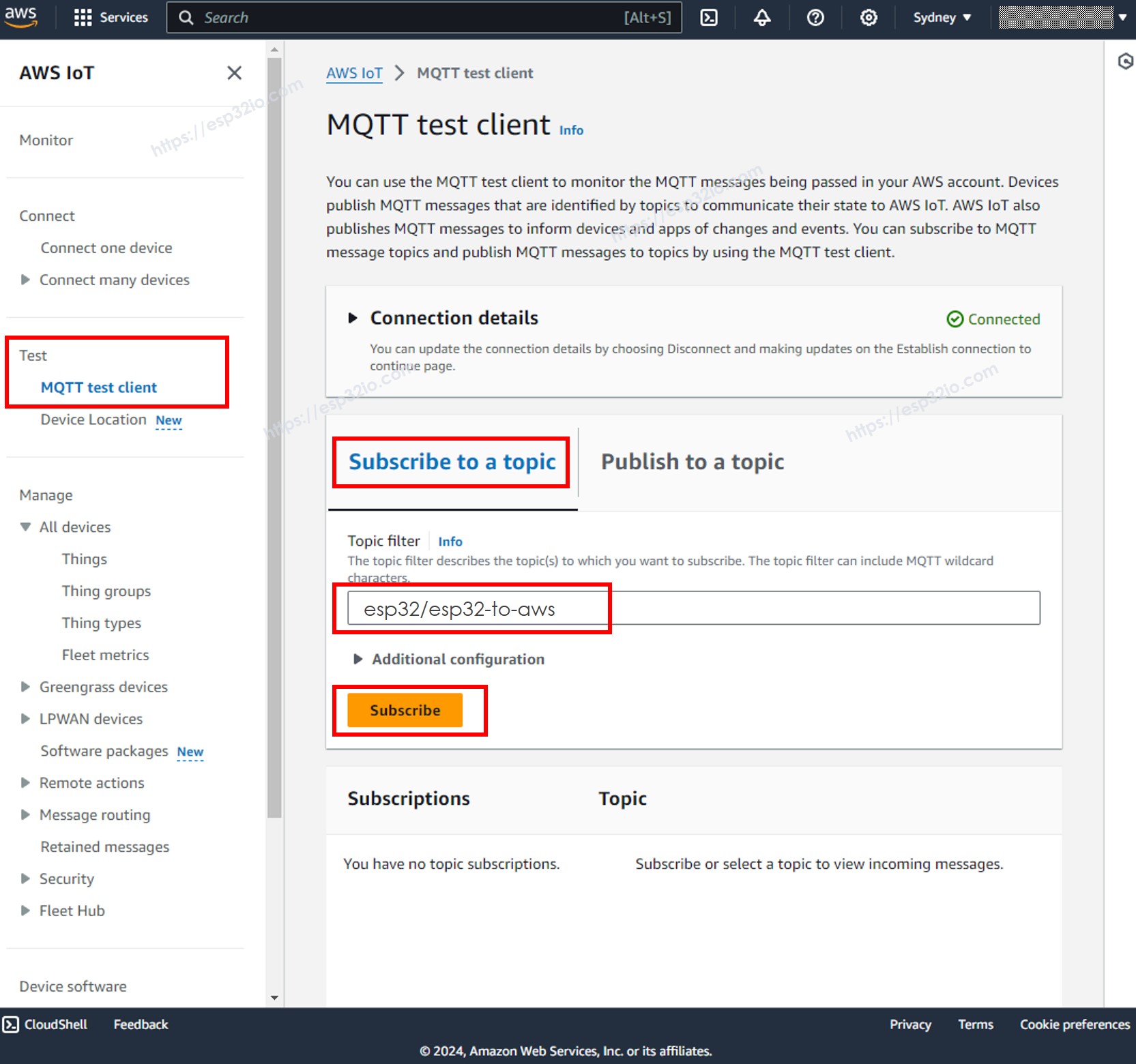 Cliente de Teste MQTT do AWS IoT com ESP32