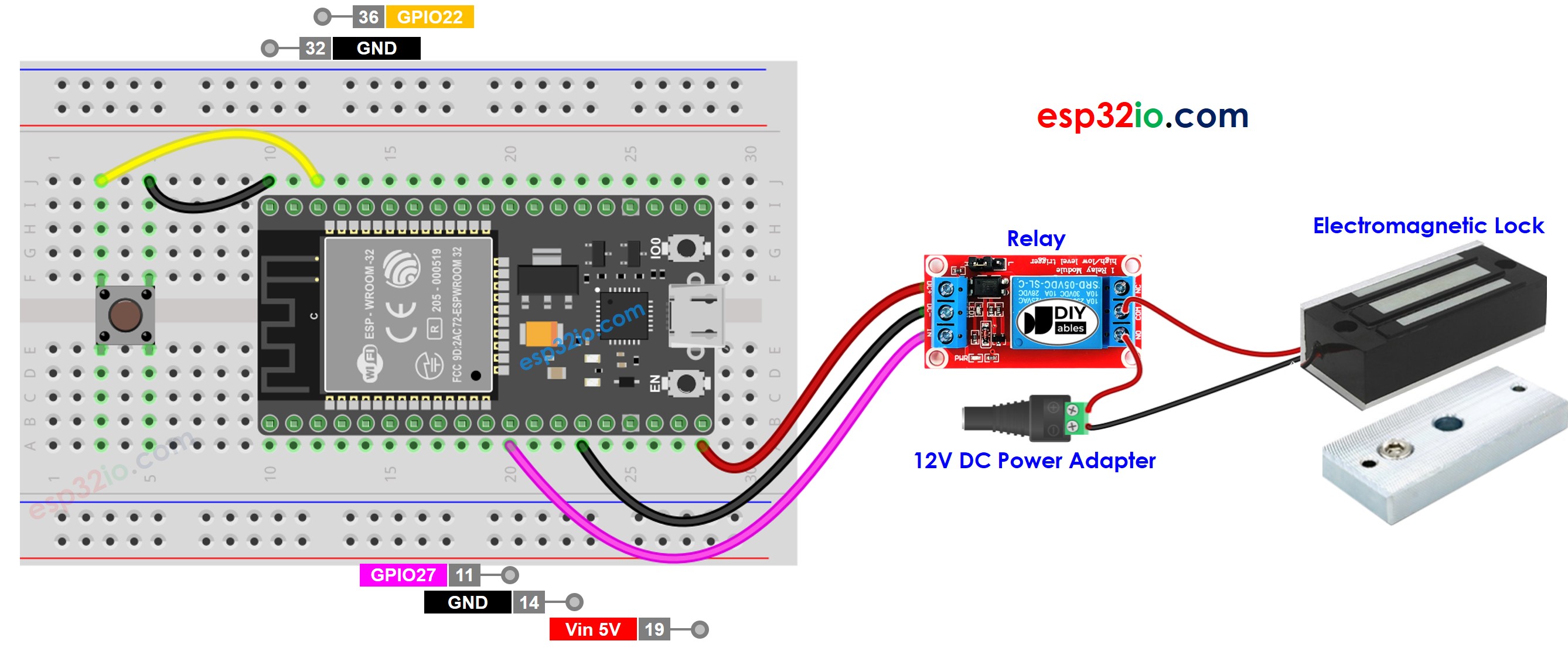 Diagrama de ligação do ESP32 com botão e fechadura eletromagnética