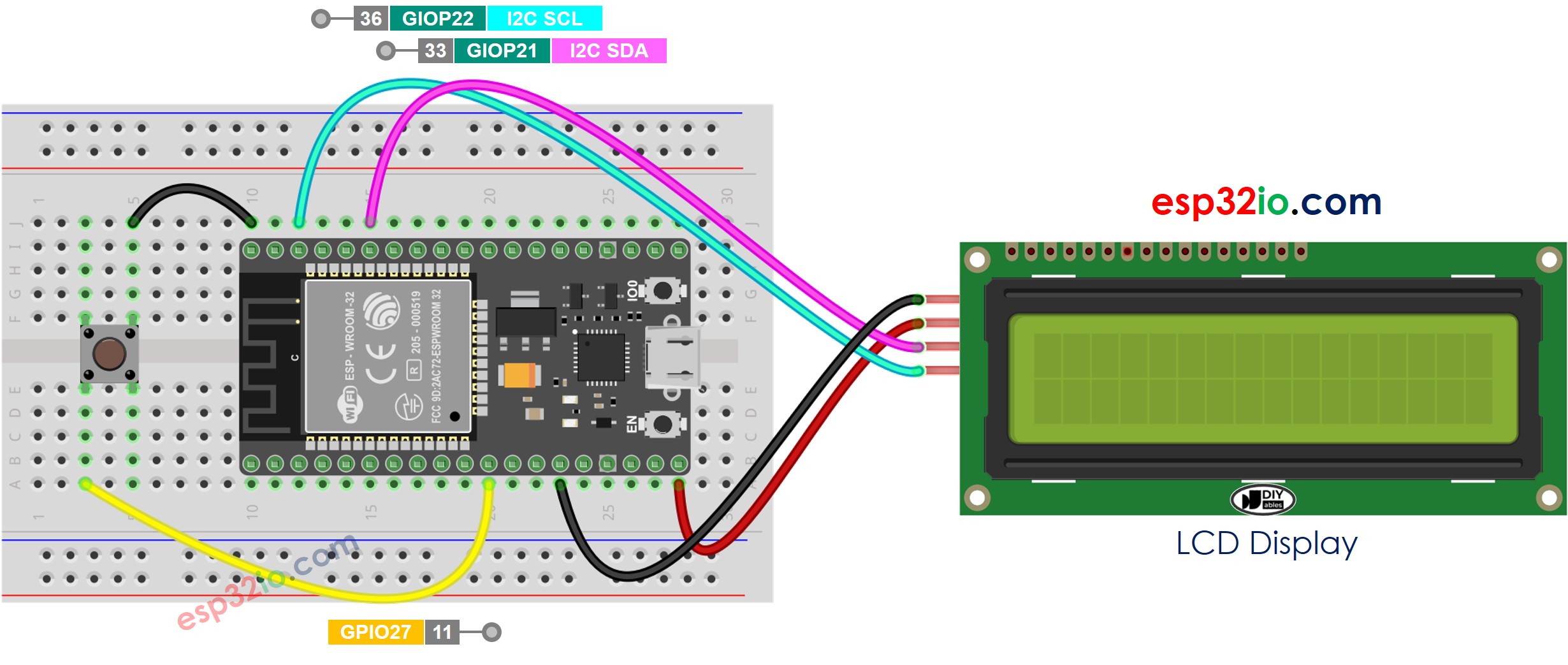 Diagrama de ligação do ESP32 com botão e LCD I2C