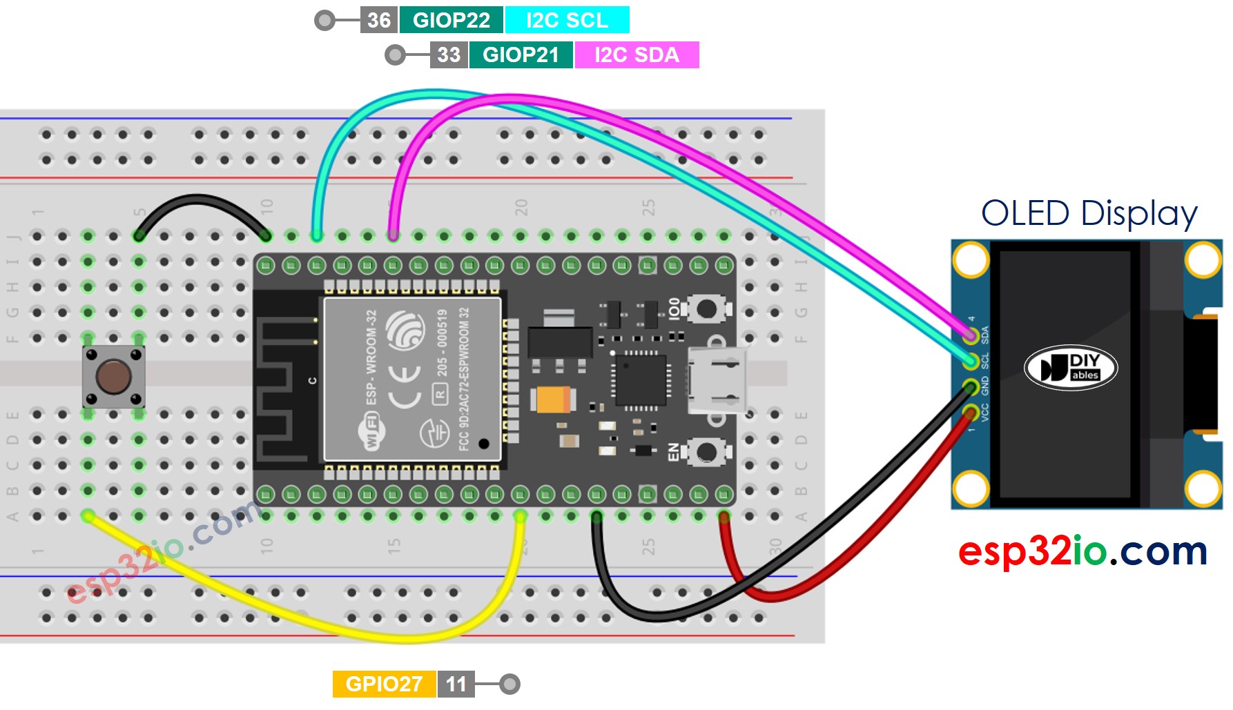Diagrama de ligação do ESP32 com botão e OLED