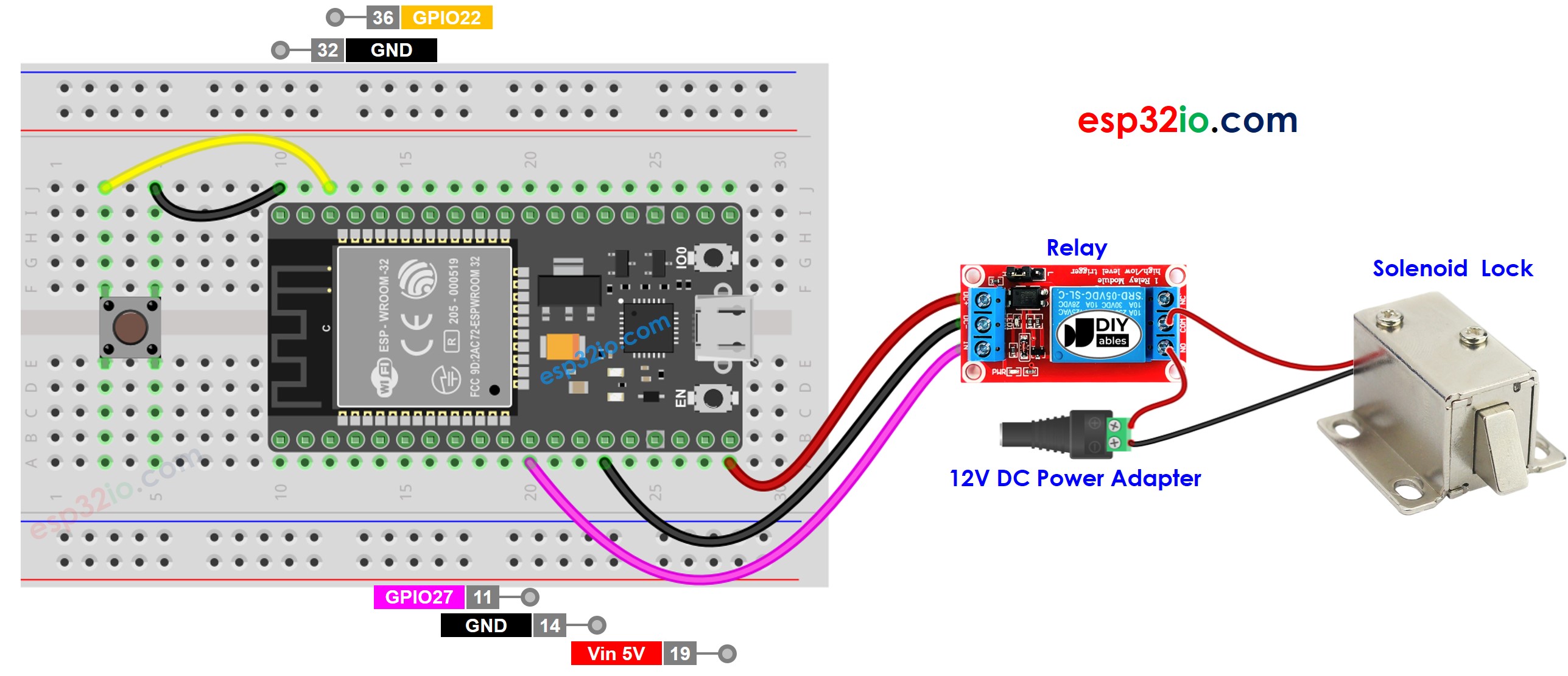 Diagrama de ligação do ESP32 com botão e fechadura solenoide