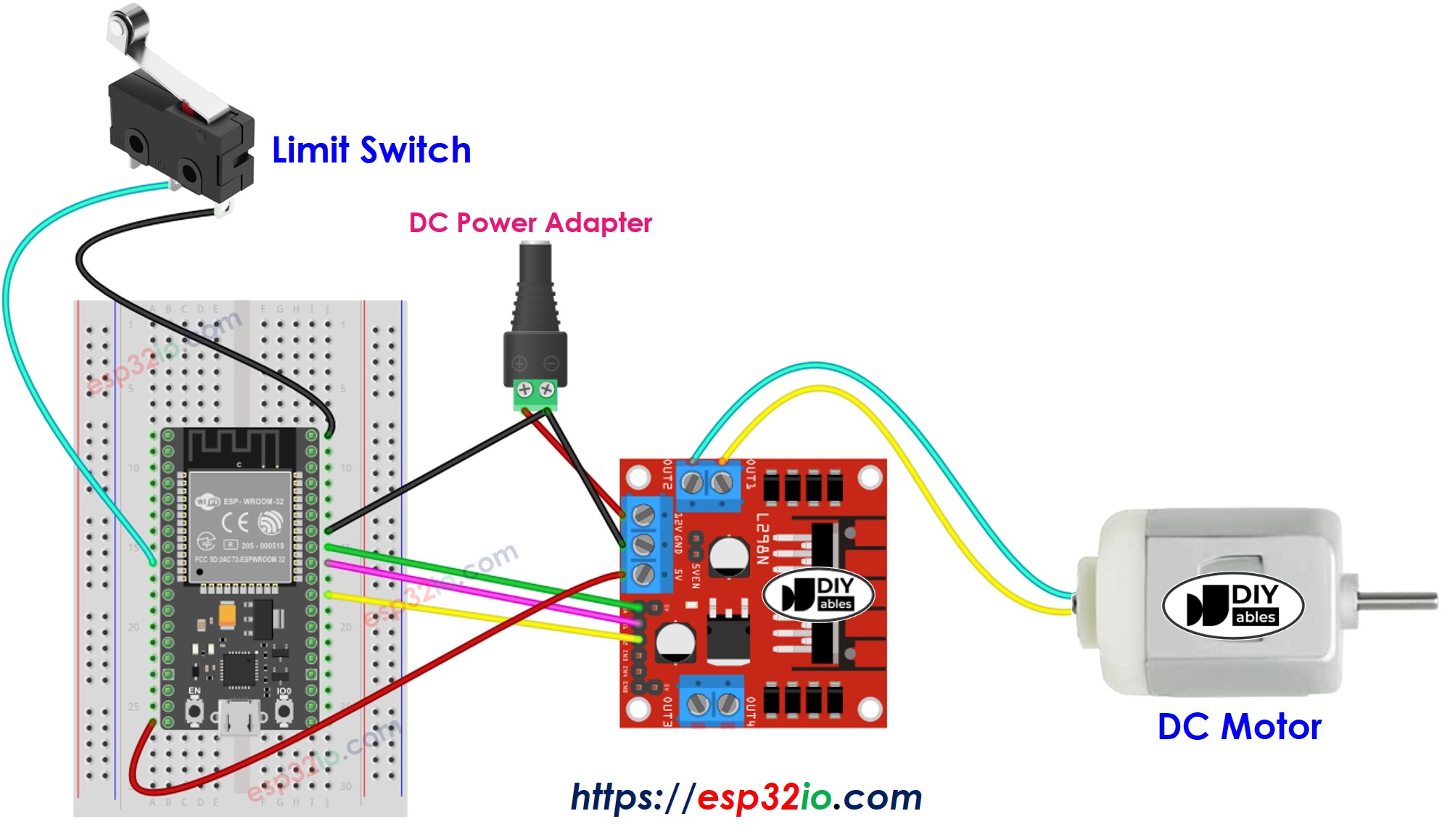 Diagrama de ligação do motor DC e chave de fim de curso com ESP32