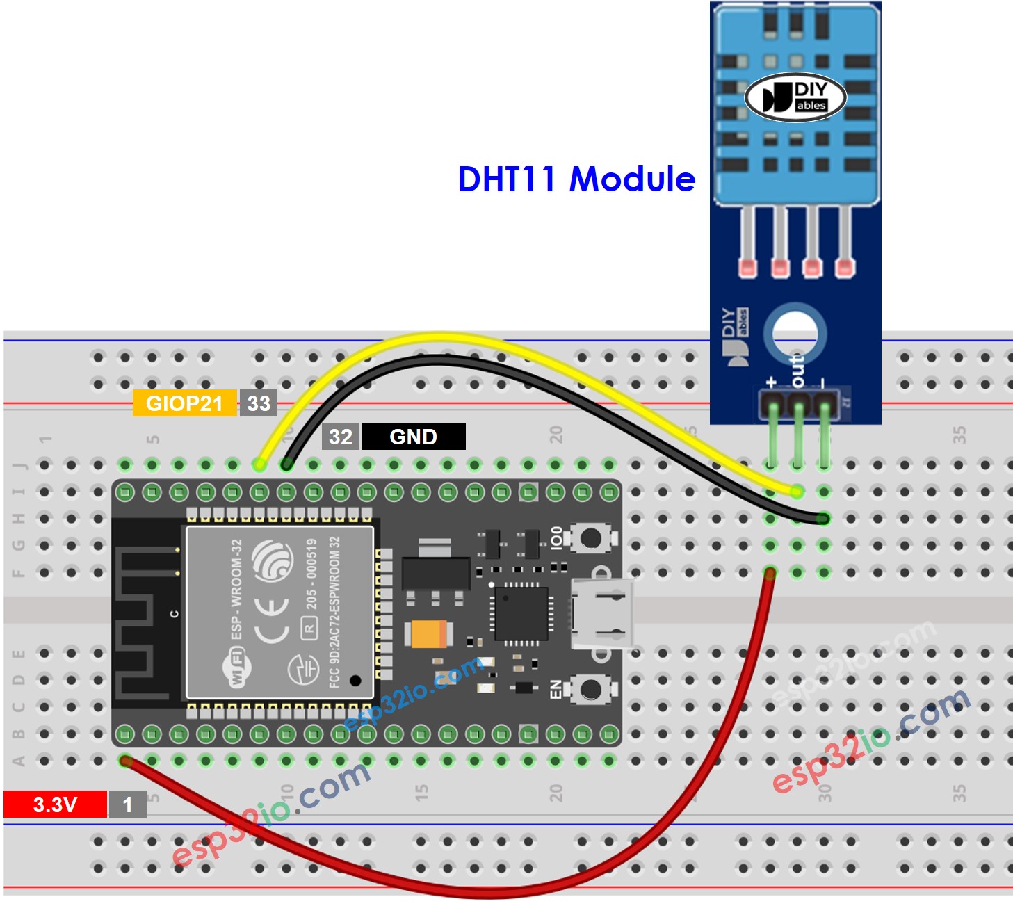 Diagrama de ligação do módulo de temperatura e umidade DHT11 com ESP32