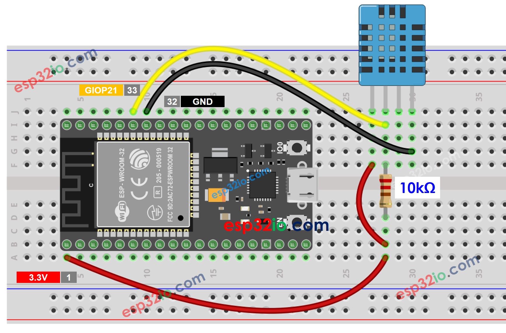 Diagrama de ligação do sensor de temperatura e umidade DHT11 com ESP32