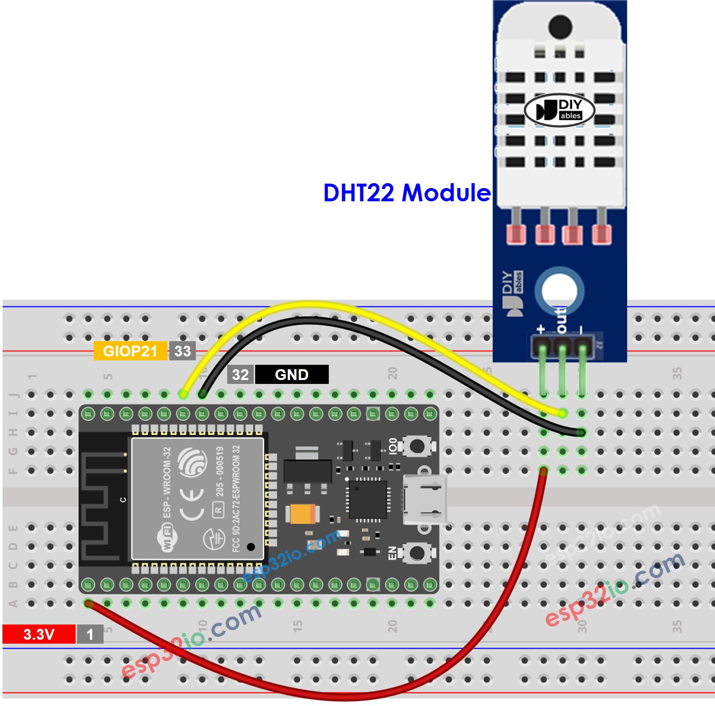 Diagrama de ligação do módulo de temperatura e umidade DHT22 com ESP32