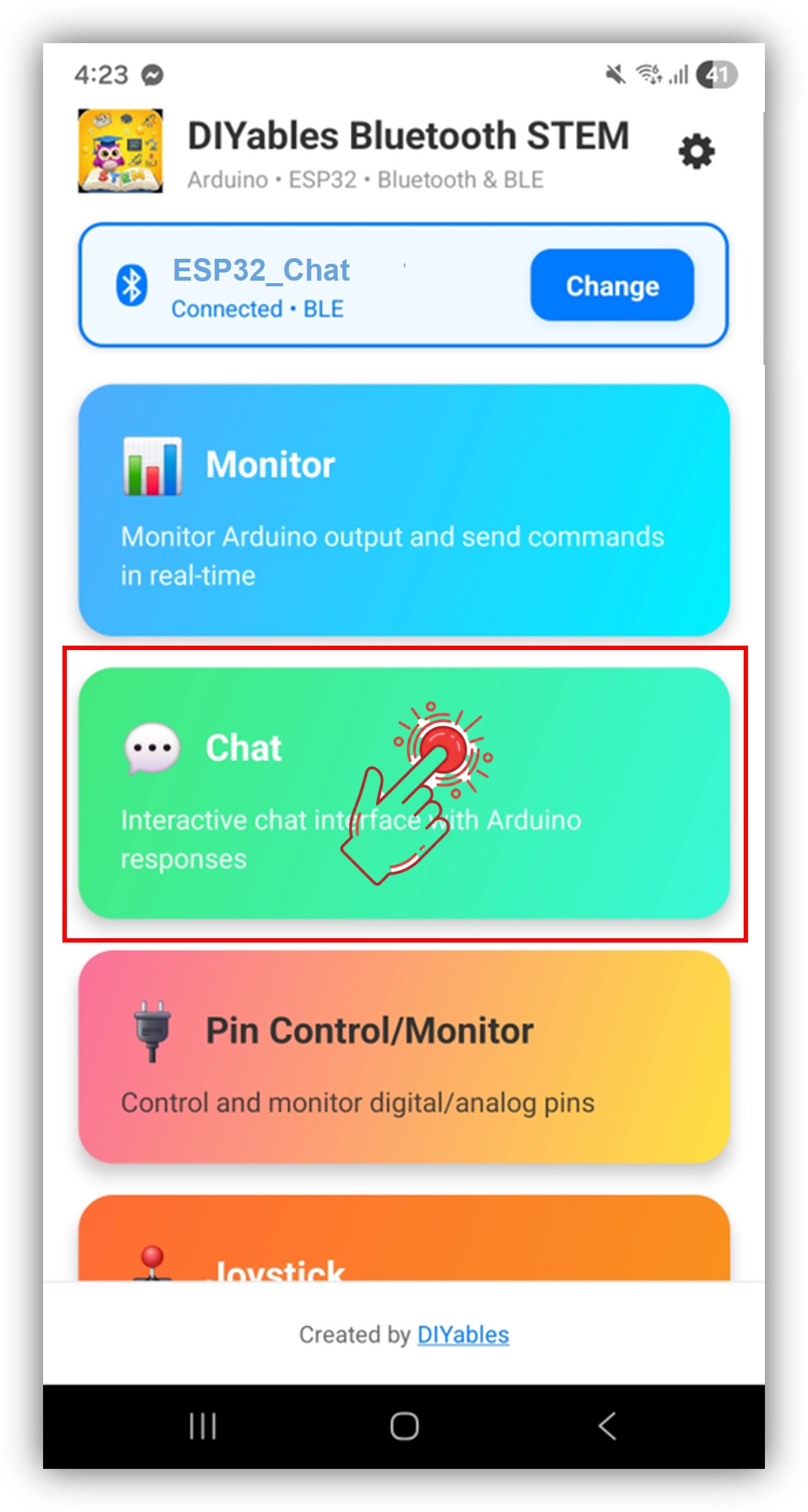 DIYables Bluetooth App - Tela Inicial com o App Chat