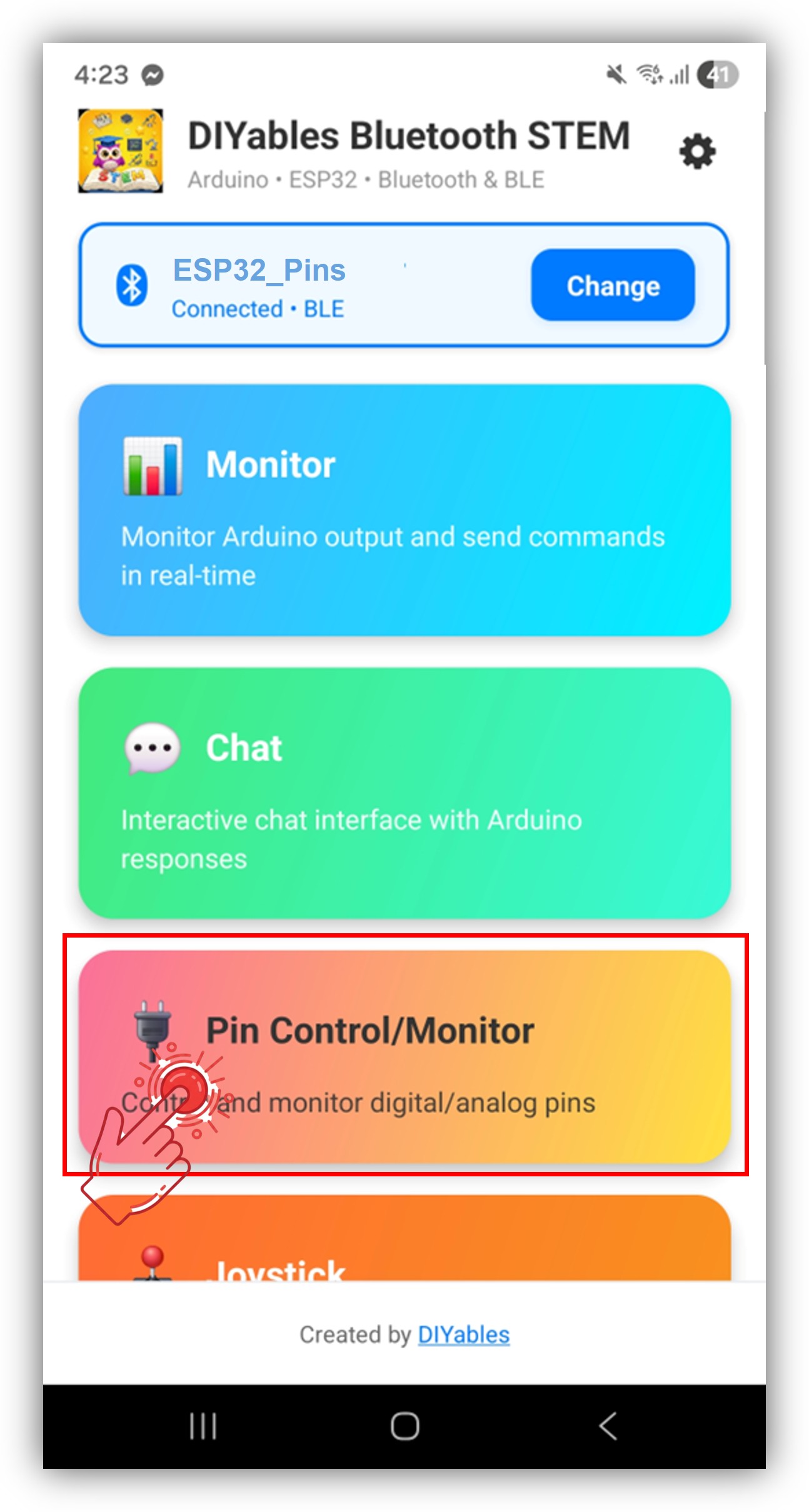 DIYables Bluetooth App - Tela Inicial com o App Digital Pins