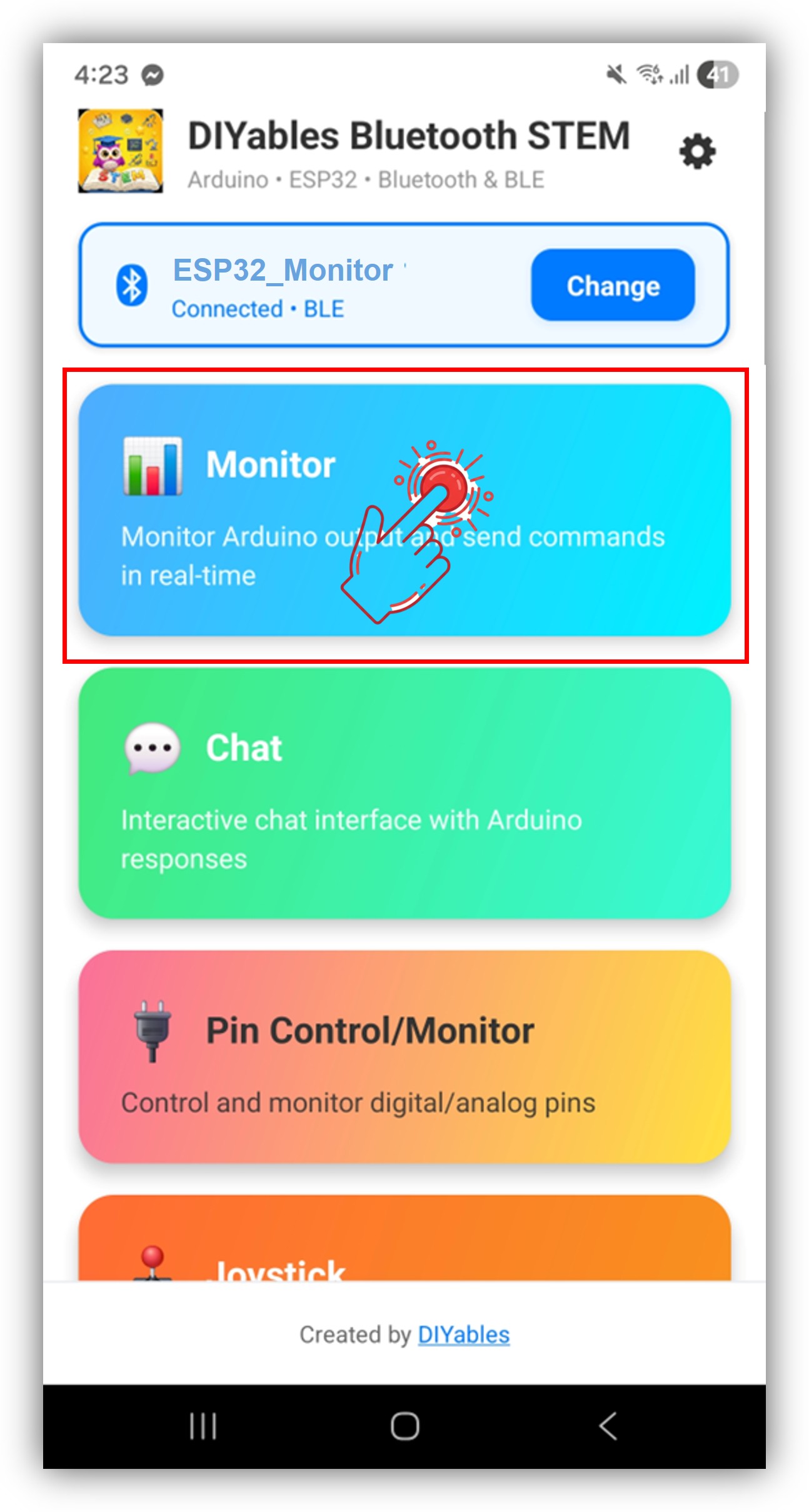 App DIYables Bluetooth - Tela Inicial com o App Monitor