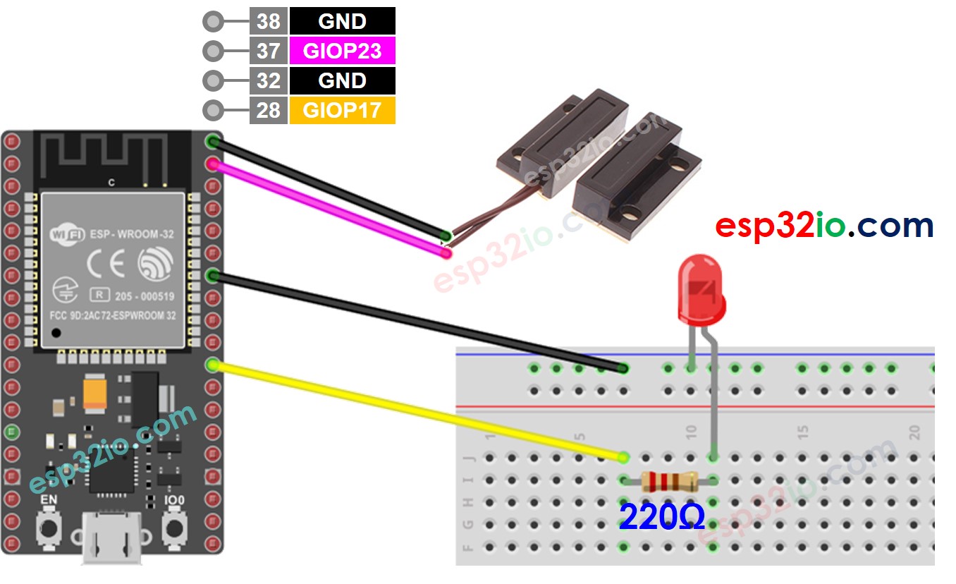Diagrama de ligação do sensor de porta e LED com ESP32