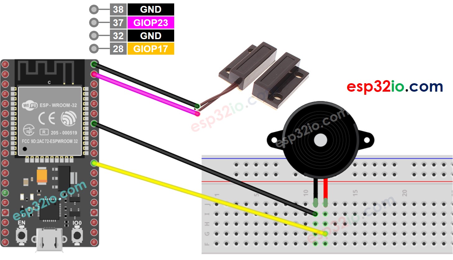 Diagrama de ligação do ESP32 com sensor de porta e buzzer piezo