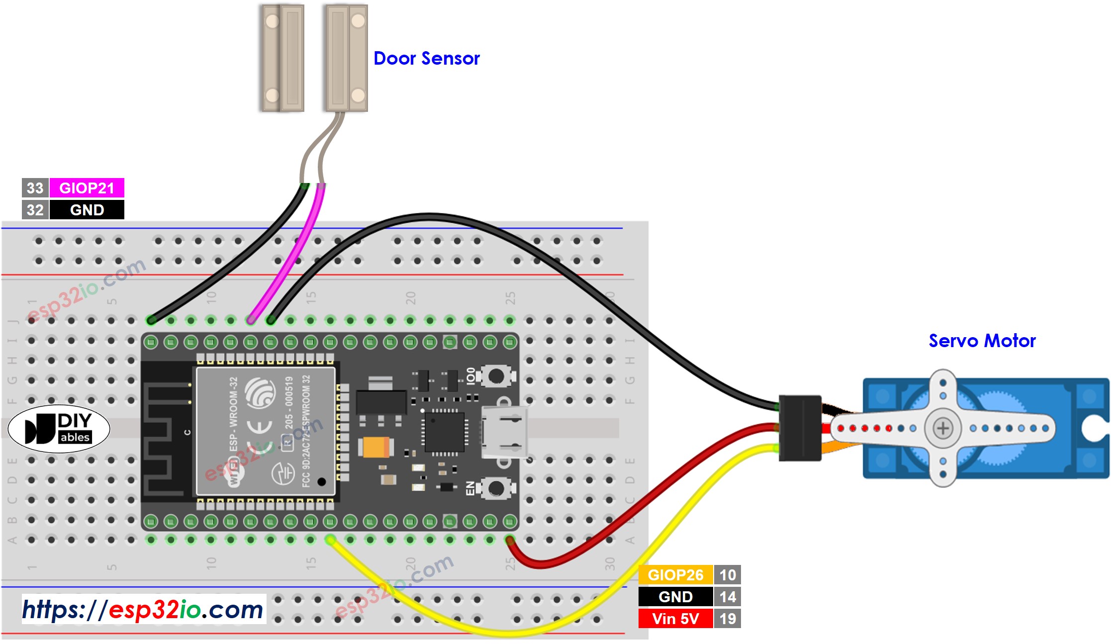 Diagrama de ligação do ESP32 com sensor de porta e servo motor
