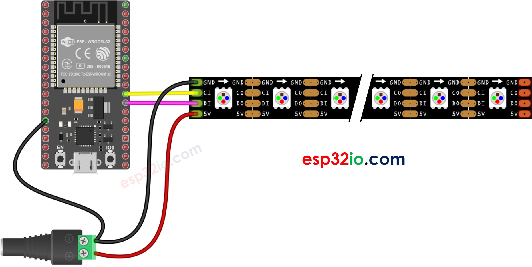 Diagrama de Ligação do ESP32 com a fita LED RGB DotStar