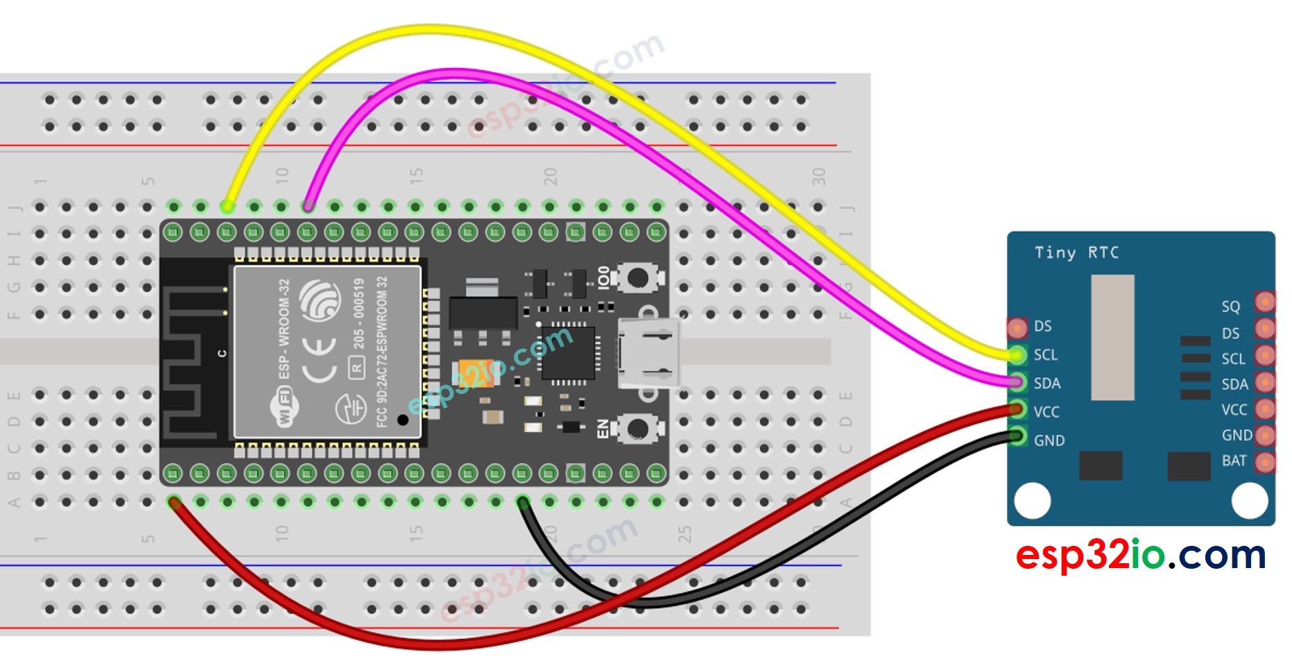 The wiring diagram between ESP32 Real-Time Clock DS1307
