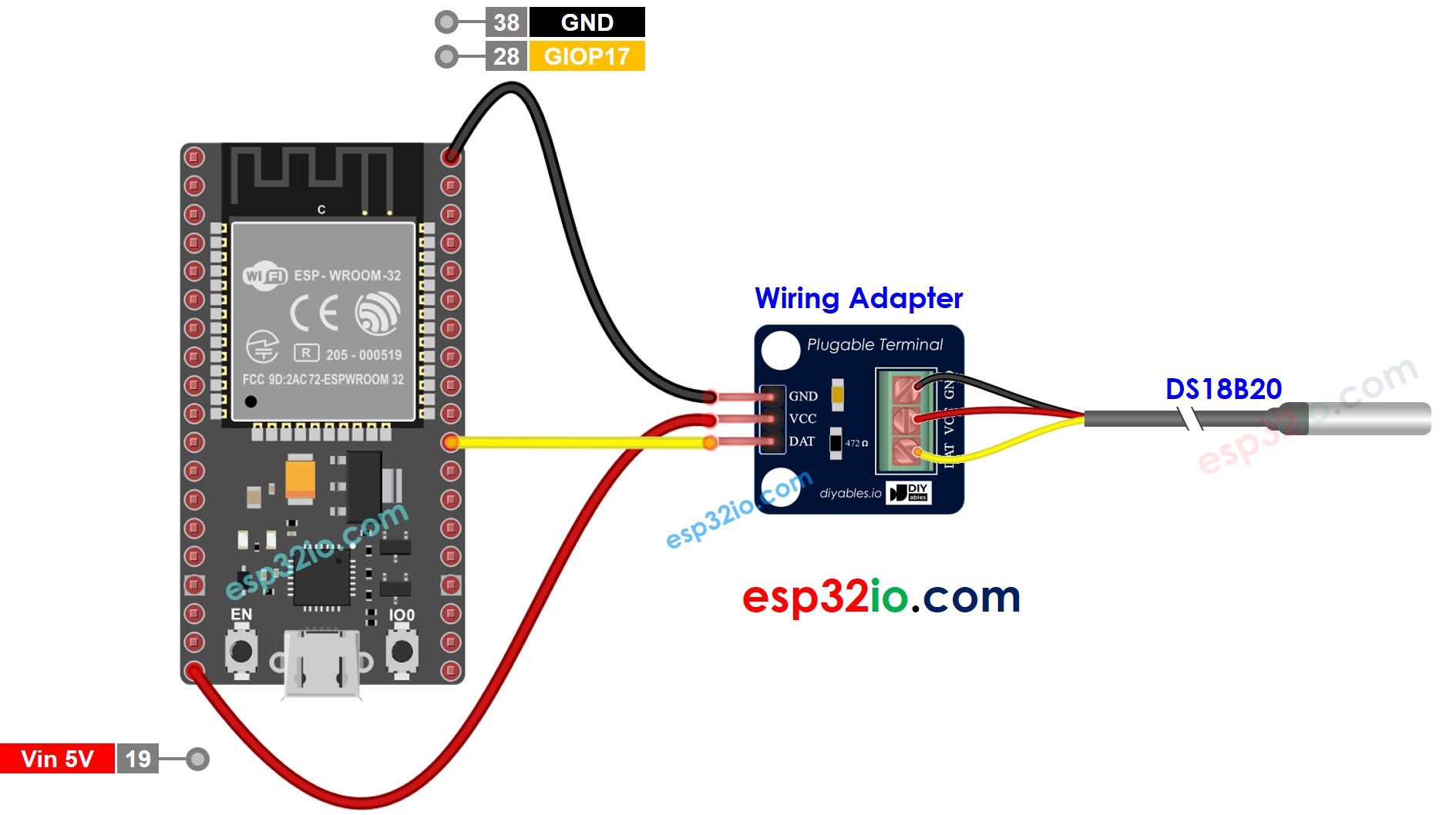 The wiring diagram between ESP32 Web Server DS18B20 Temperature Sensor