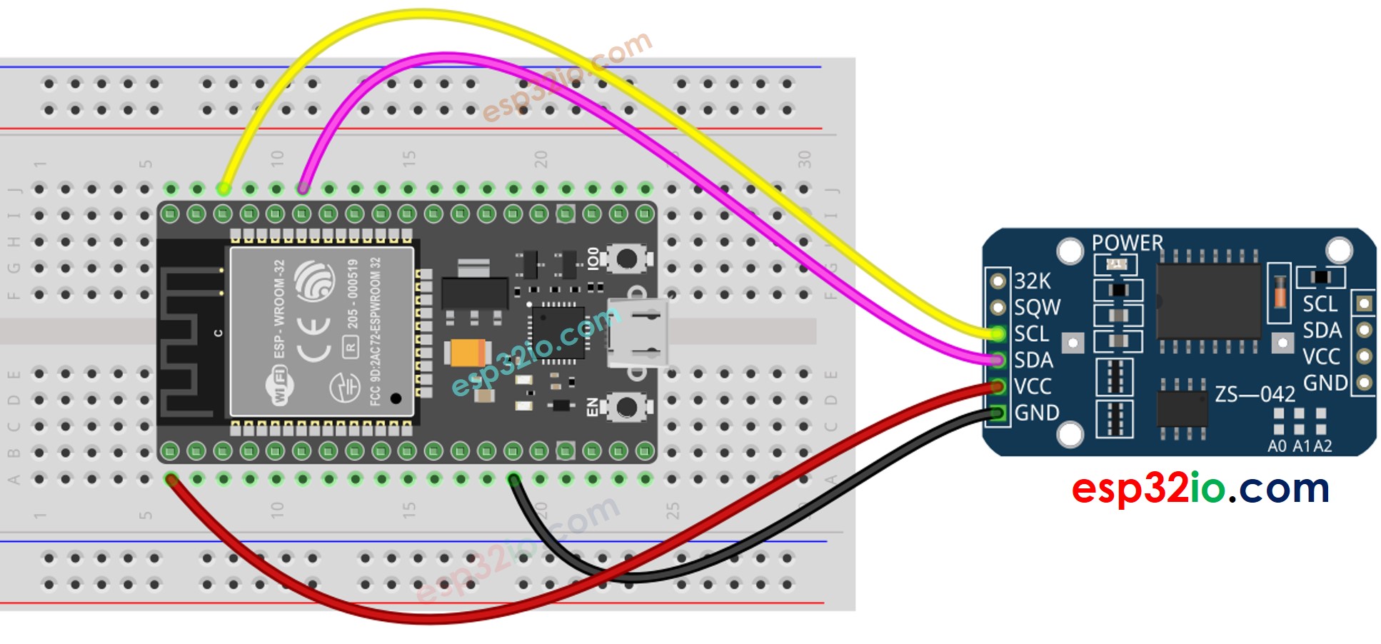 The wiring diagram between ESP32 Real-Time Clock DS3231