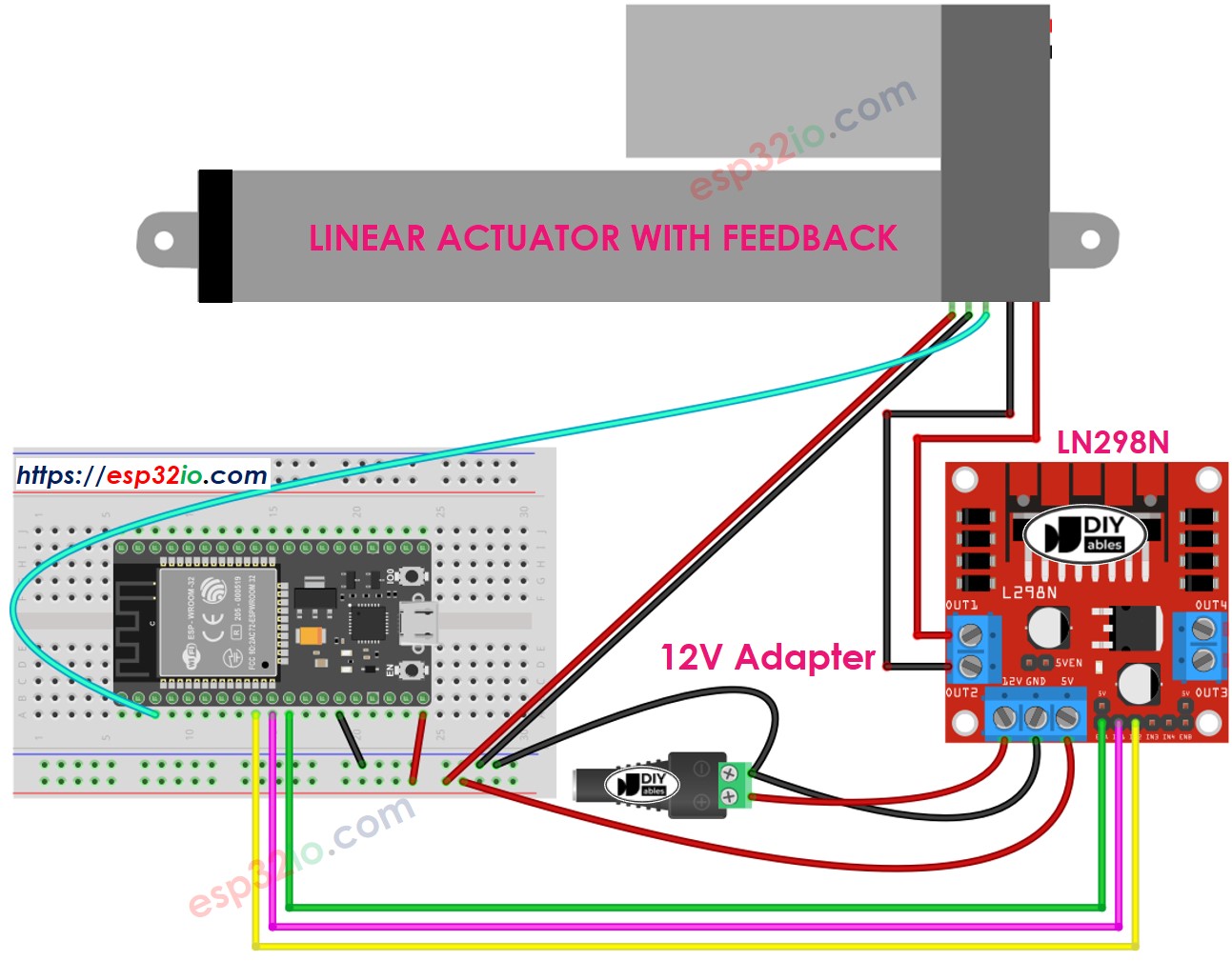 Diagrama de Ligação do ESP32 com Atuador Linear e Driver L298N
