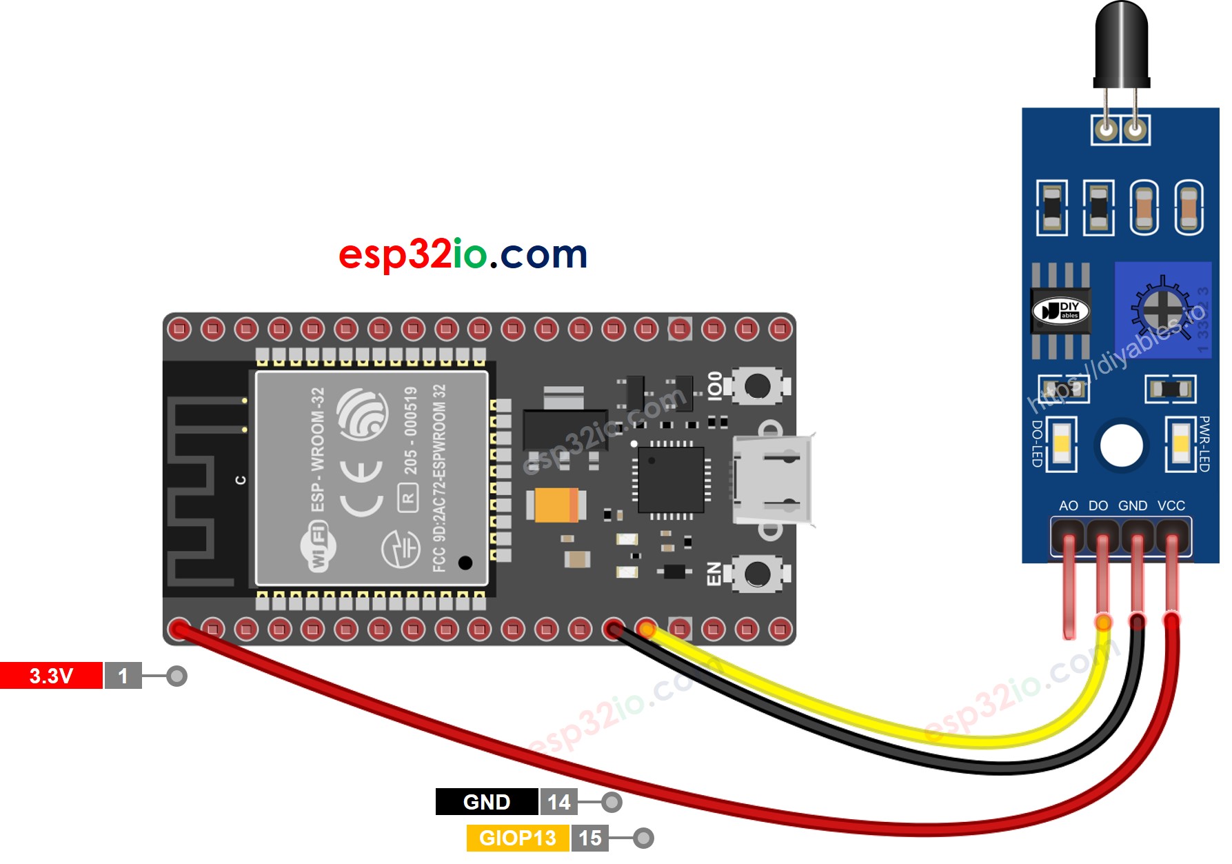 Diagrama de ligação do ESP32 com Sensor de Chama