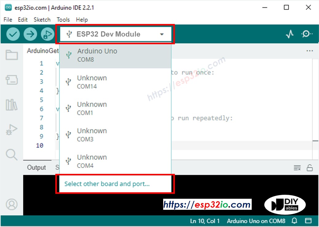 Como selecionar a placa ESP32 na Arduino IDE