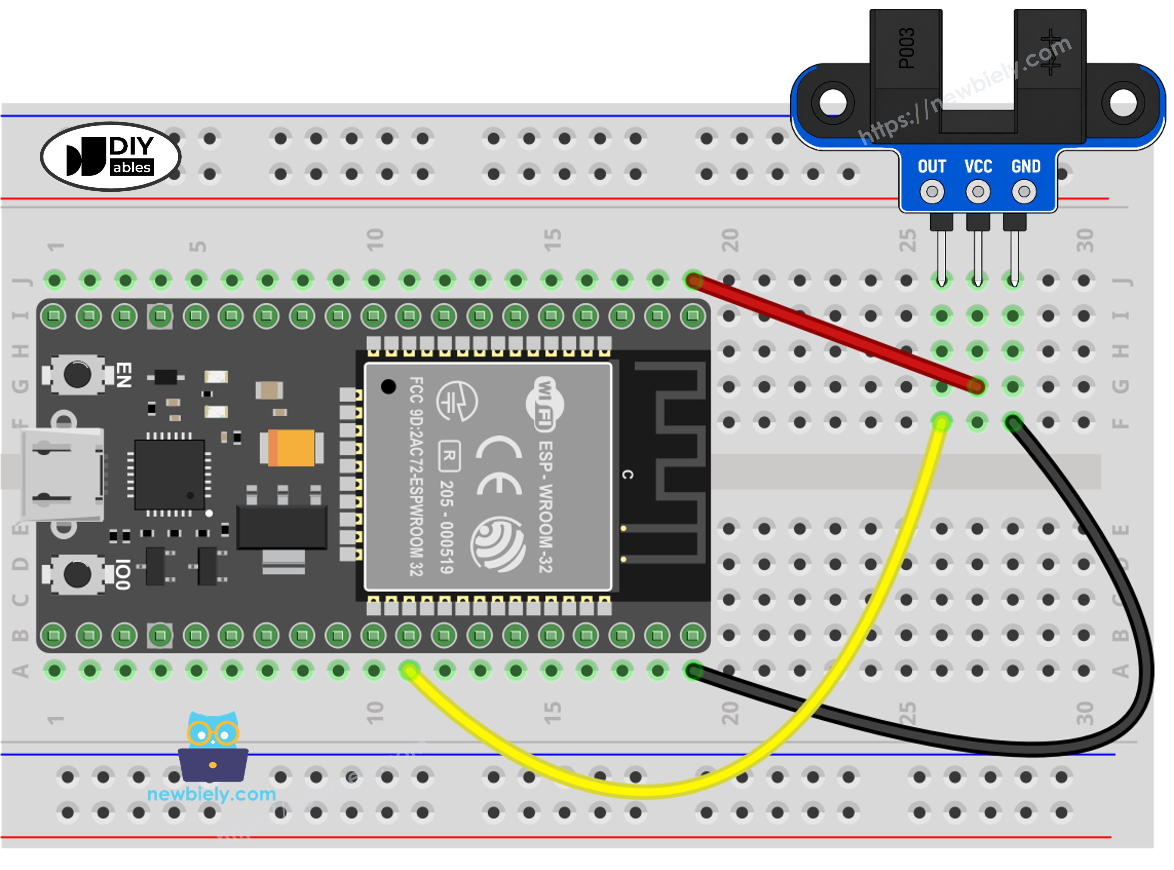 Diagrama de Ligação do ESP32 com Sensor de Velocidade Óptico IR com Fenda