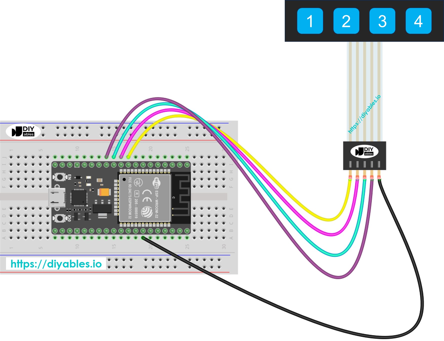 Diagrama de Ligação do ESP32 com Teclado 1x4