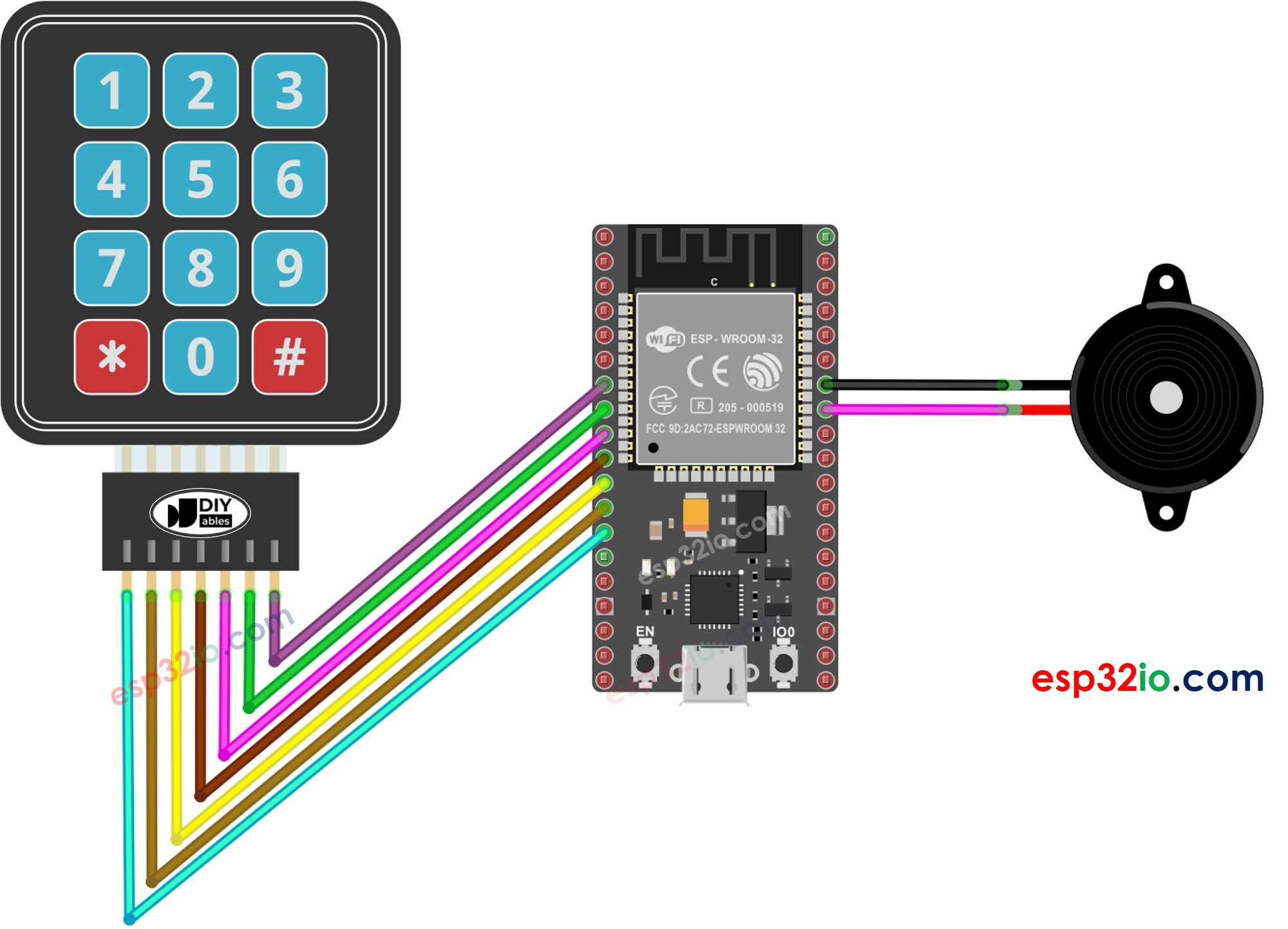 Diagrama de ligação do ESP32 com teclado e buzzer piezo