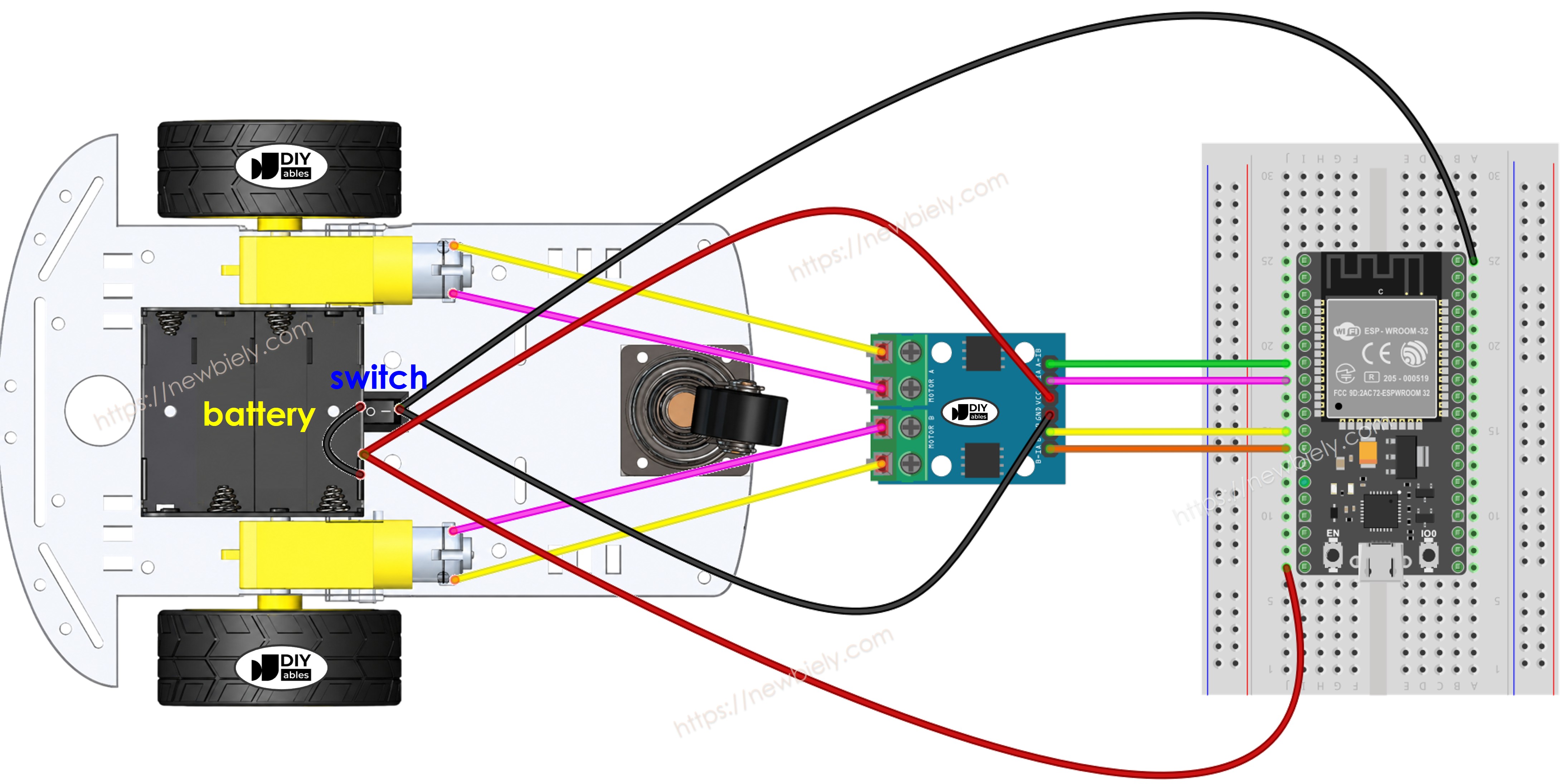 ESP32 carro RC 2WD diagrama de ligação em uma protoboard
