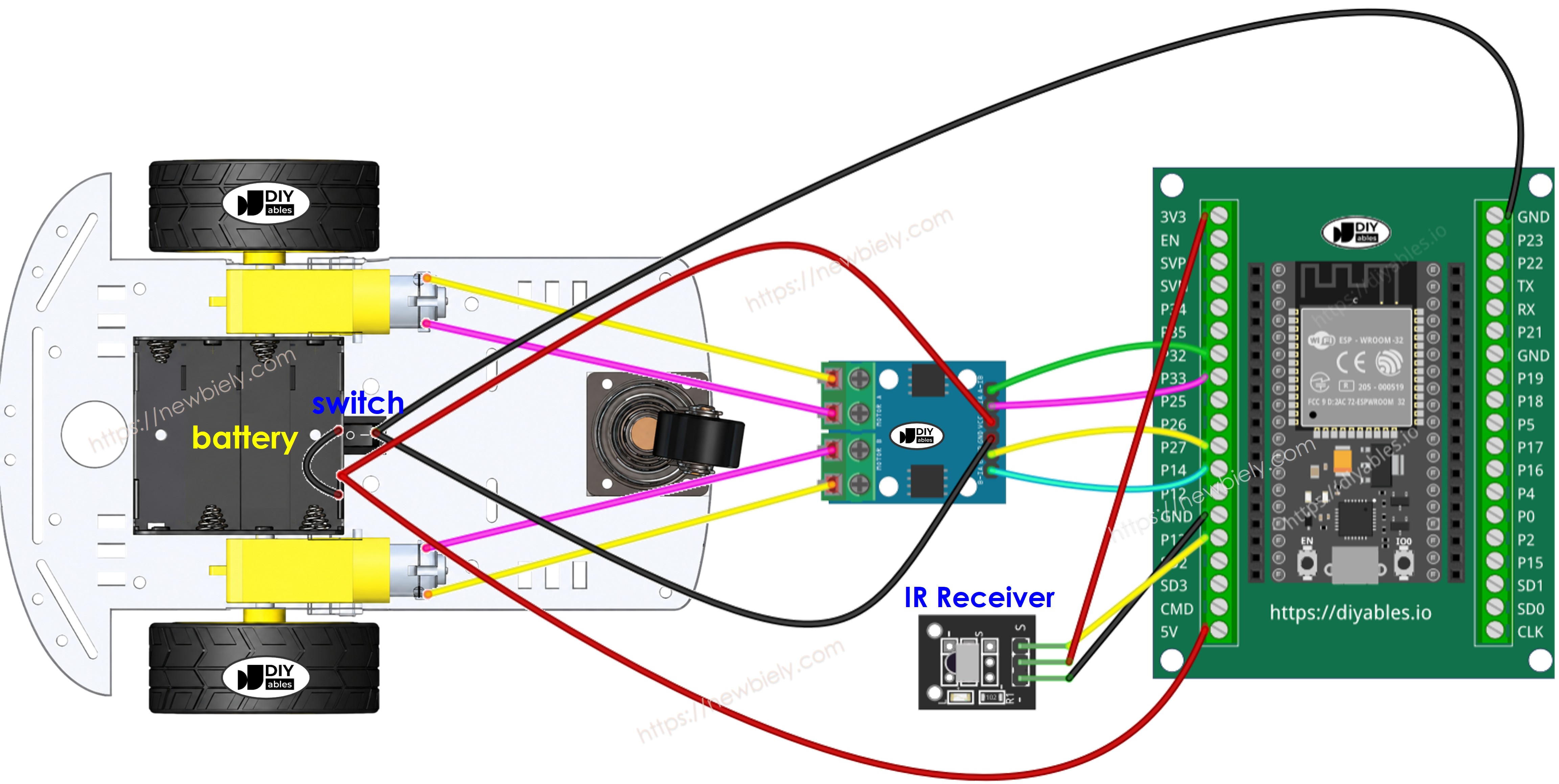 Diagrama de ligação do carrinho robô 2WD com ESP32 usando bornes de parafuso