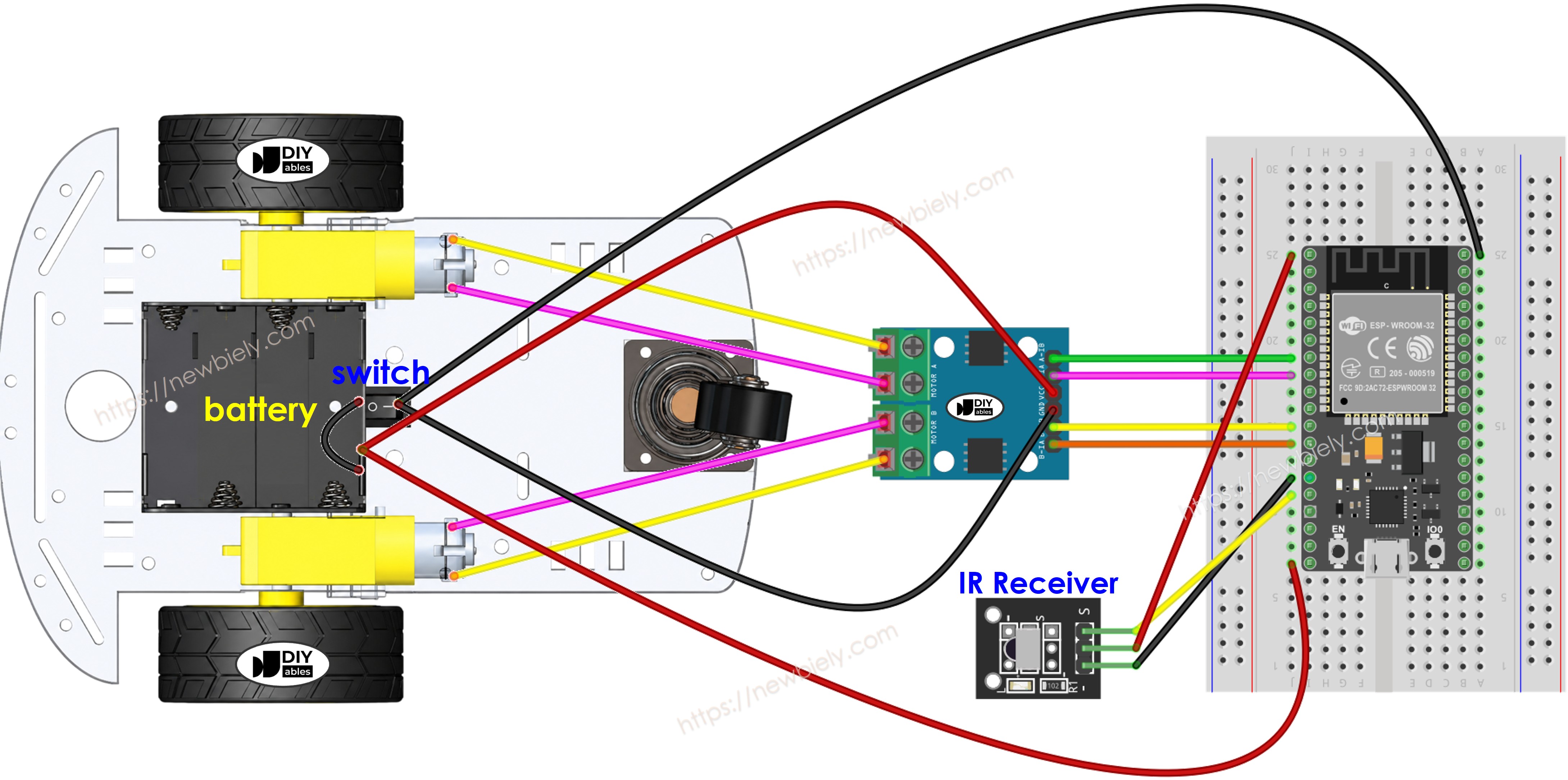 Diagrama de ligação do carrinho robô 2WD com ESP32 em uma protoboard