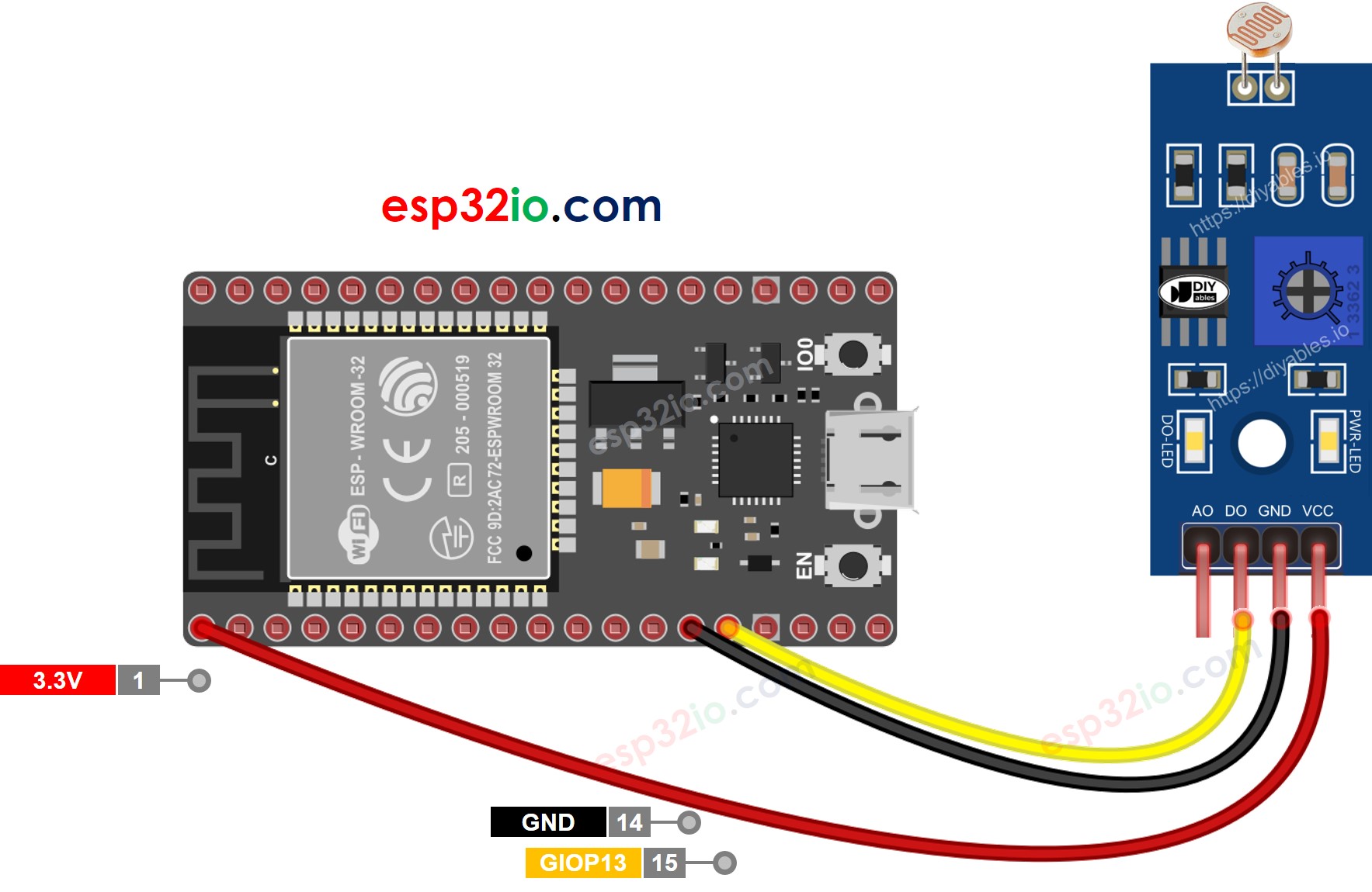 Diagrama de ligação ESP32 Módulo Sensor de Luz LDR