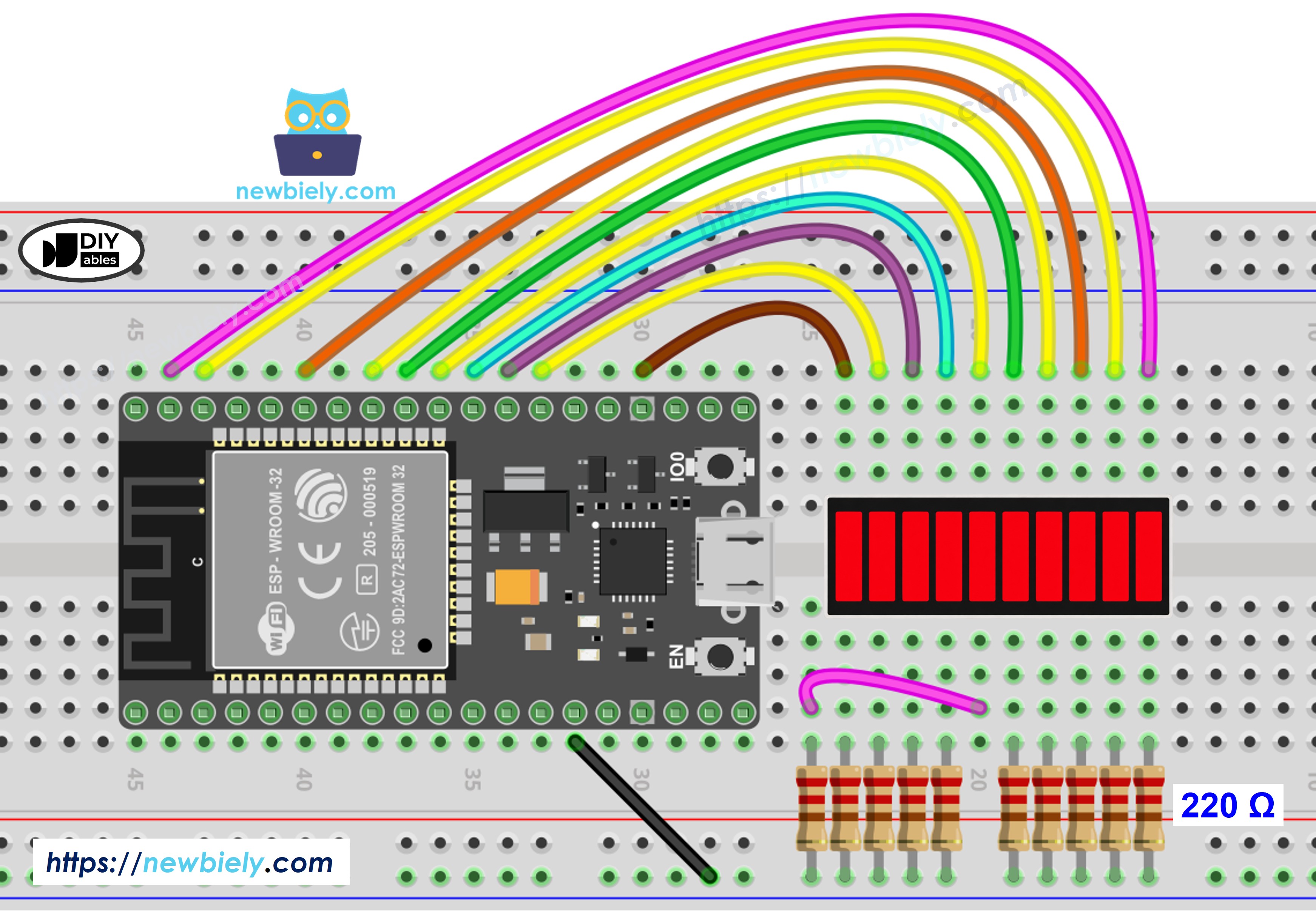 Diagrama de Ligação da Barra Gráfica de LED com ESP32 - Protoboard