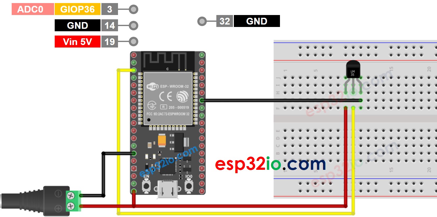 Diagrama de ligação do ESP32 com o sensor de temperatura LM35