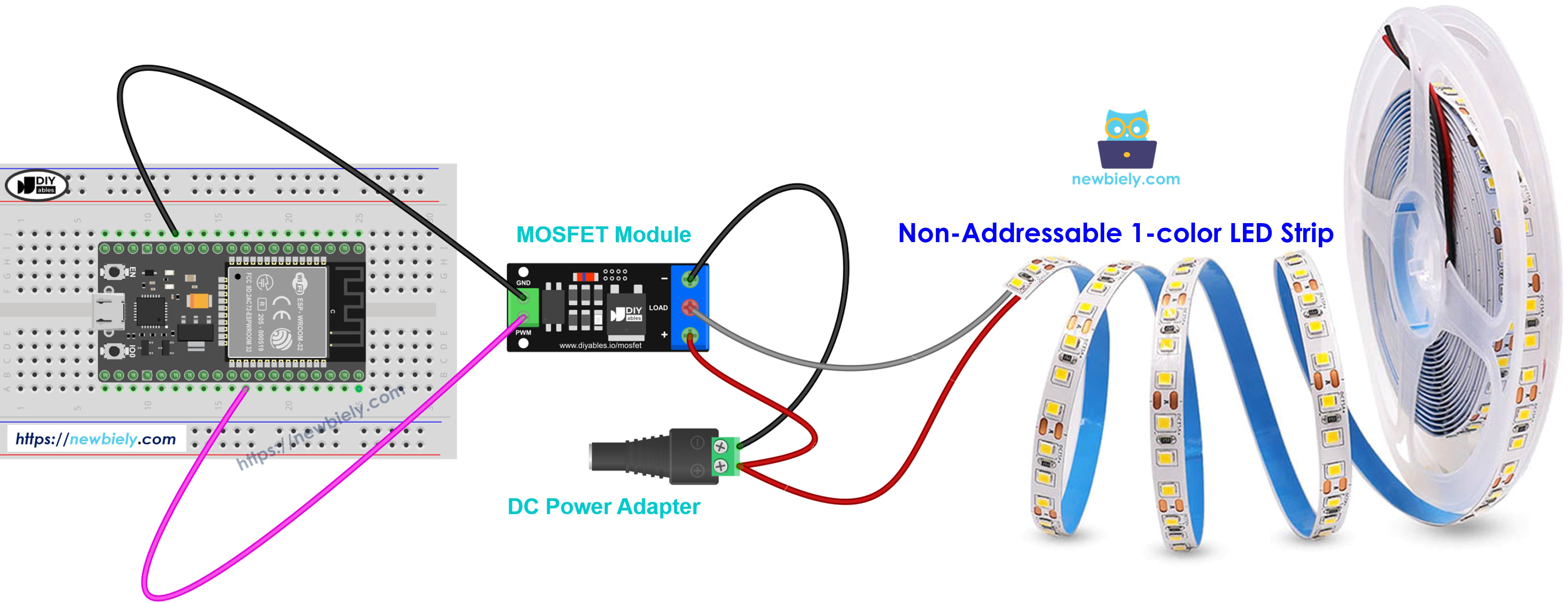 Ligação do módulo MOSFET com fita LED de 12V de cor única