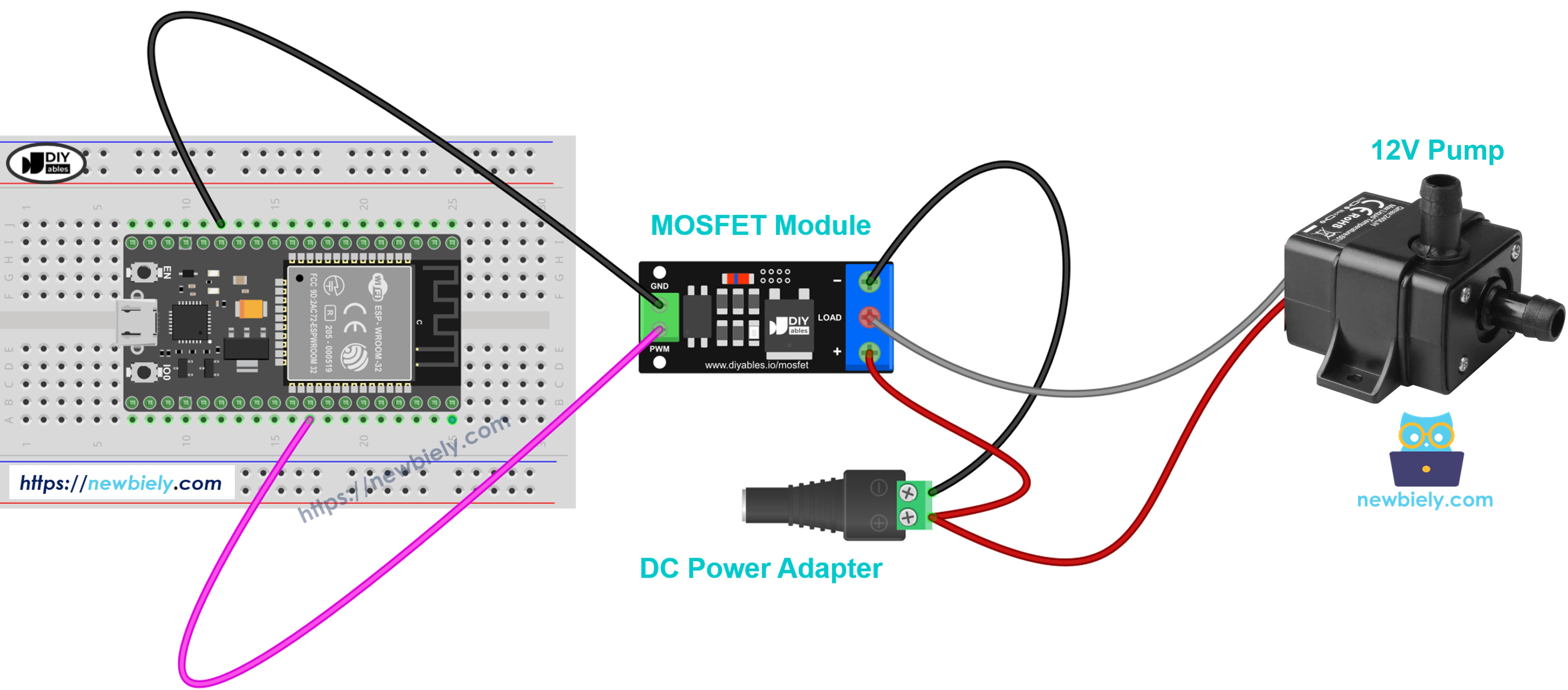 Diagrama de ligação do módulo MOSFET para uma bomba de 12V
