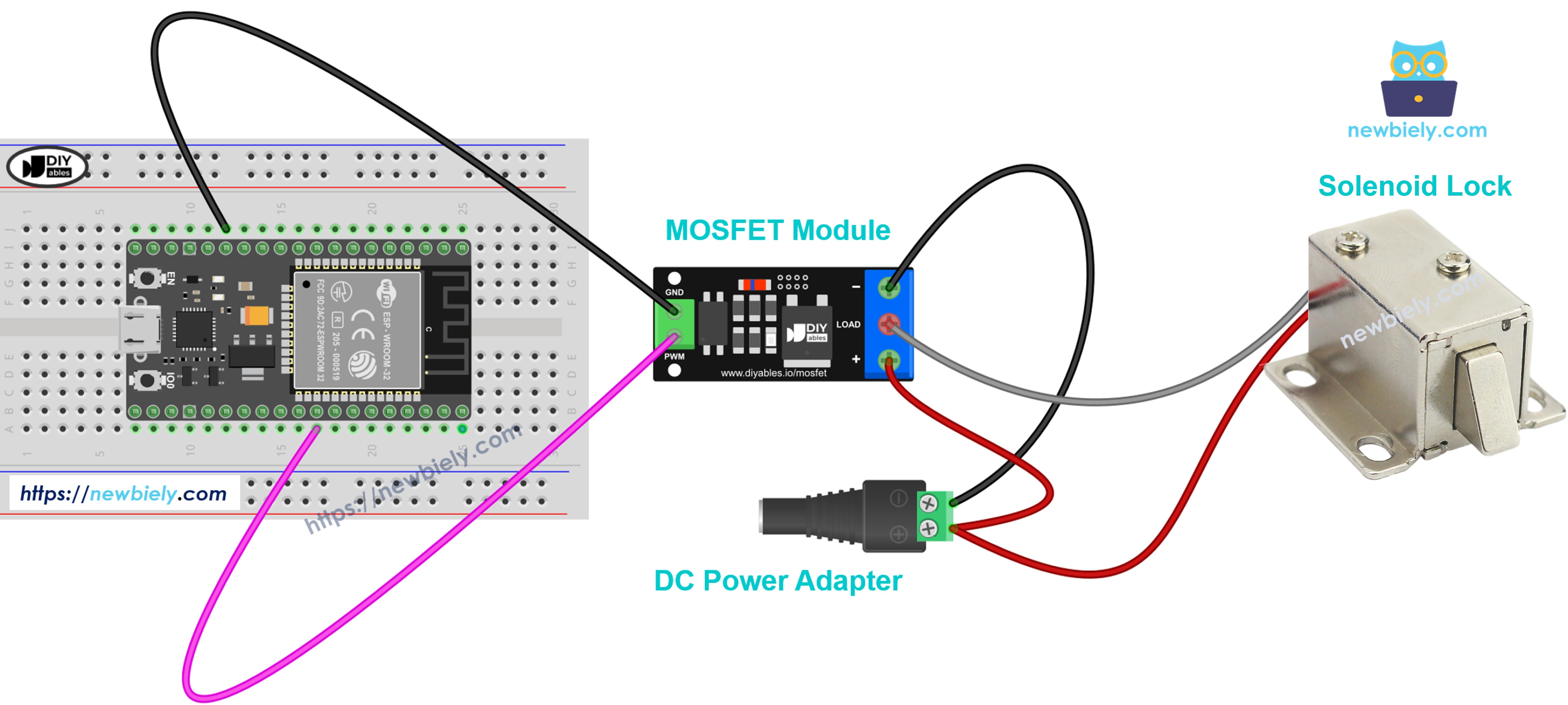 Ligação da trava solenoide e do módulo MOSFET